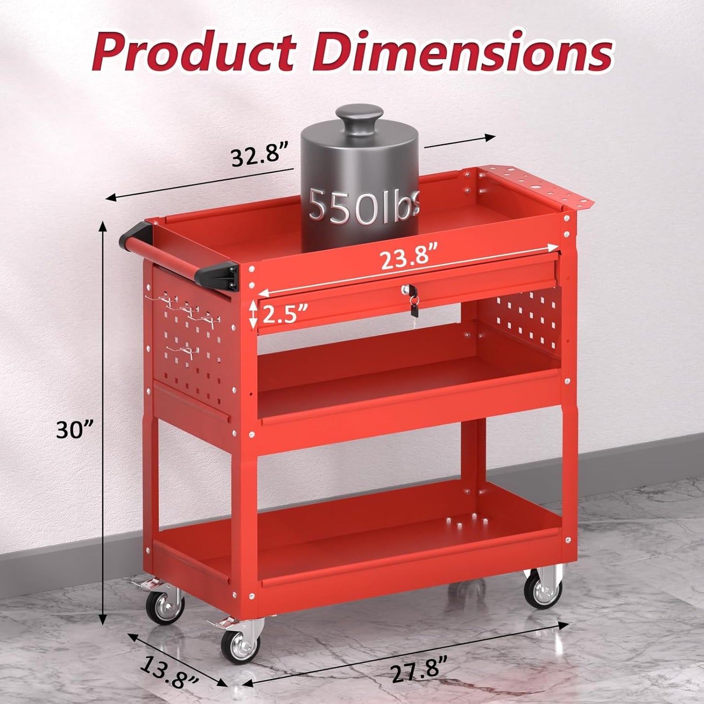 3 Tier Rolling Tool Cart on Wheels, Heavy Duty Service Cart Industrial Utility Cart with Drawer and Screwdriver Rack Pegboard, 550 LBS Mobile Tool Storage Organizer for Garage, Workshop (Red)