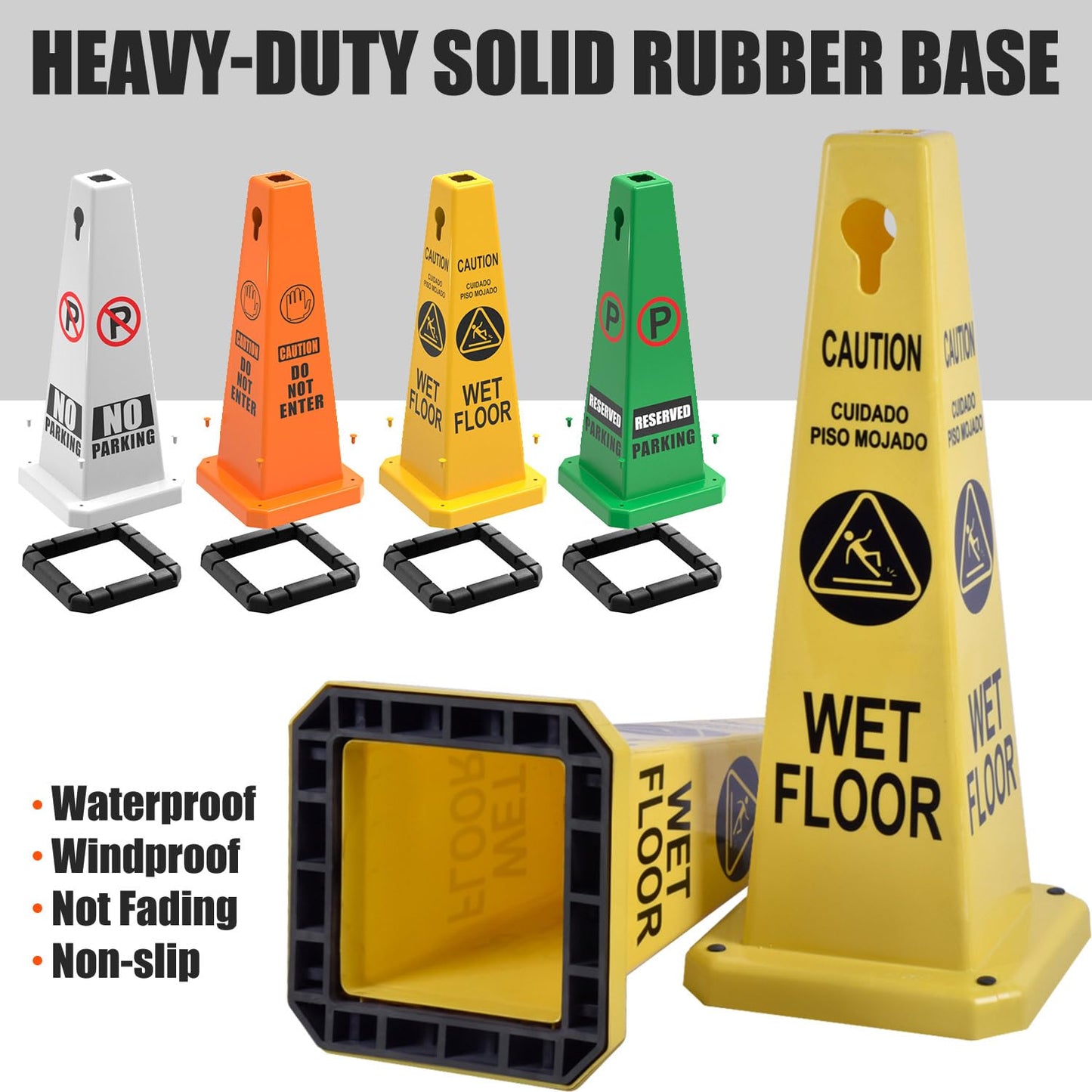Plastic Traffic Cones, 4-Sided Message Cones, Road Safety Parking Cones, Standing Traffic Warning Signs for Cleaning Area, Garage, No Entry (8, No Parking, Large)