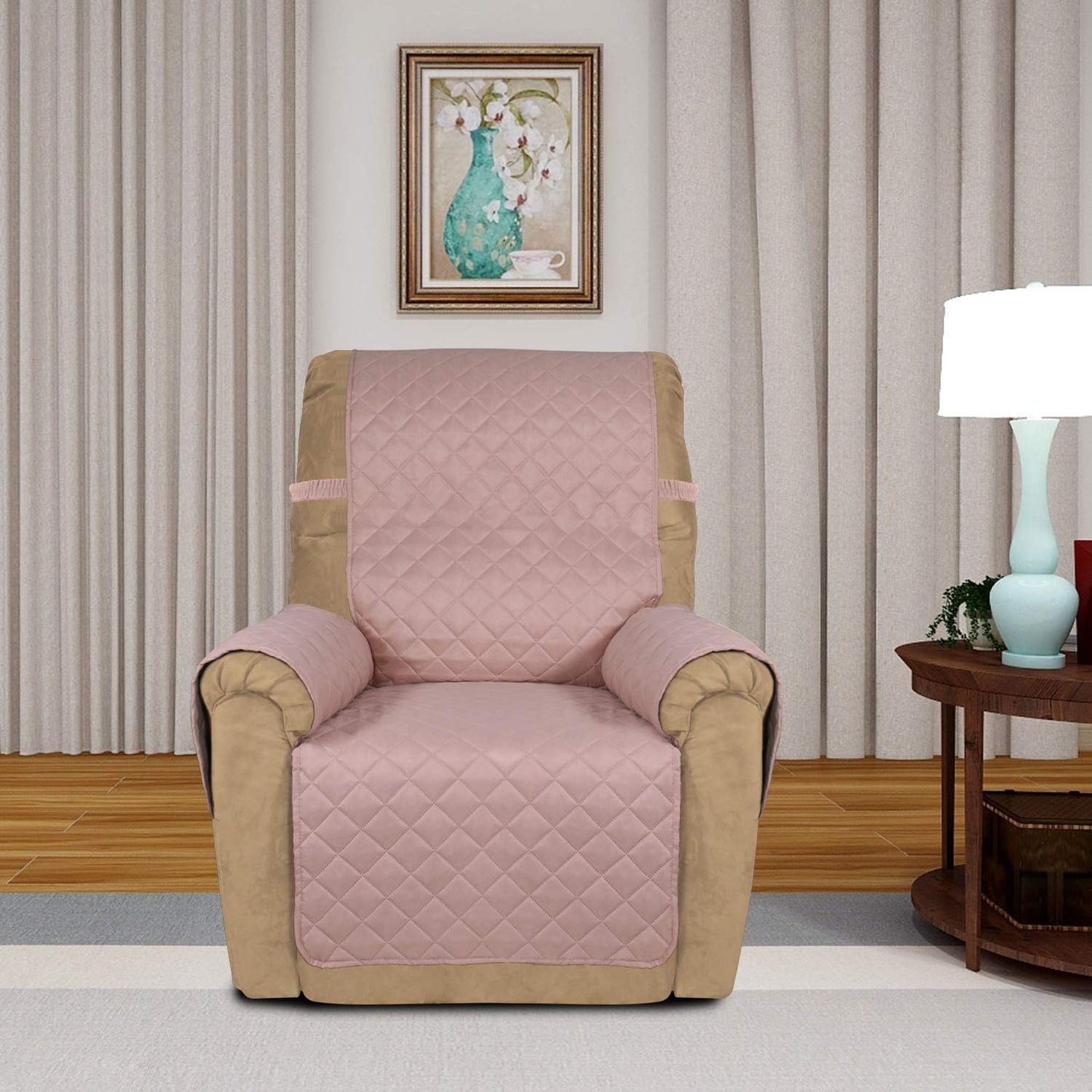 PureFit Reversible Quilted Sofa Cover, Water Resistant Slipcover Furniture Protector, Washable Couch Cover with Non Slip and Elastic Straps for Kids, Dogs, Pets (Small Recliner, Pink/Beige)