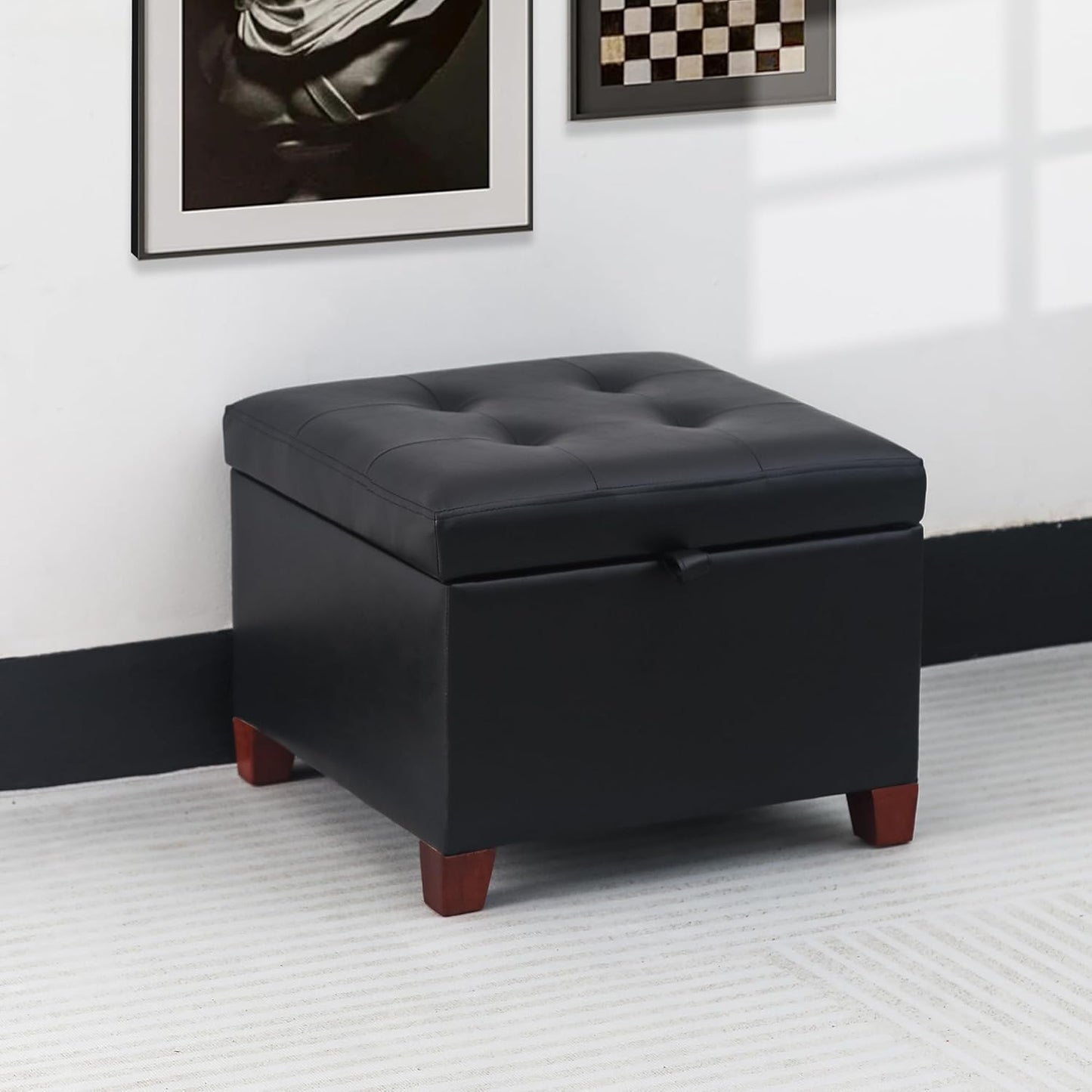 Adeco Faux Leather Storage Ottoman with Hinged Lid, 14 Inch High Black Square Cube Foot Stool with Storage, Upholstered Vanity Stool with Solid Wood Legs for Living Room, Bedroom, Dorm