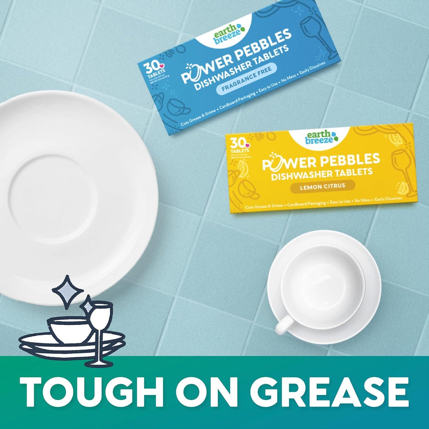 Earth Breeze Power Pebbles Dishwasher Tablets, Tough on Grease, Gentle on Dishes, Fragrance Free Dish Detergent & Dishwasher Cleaner, Kitchen Cleaning Supplies for Sparkling Results, 90 Tabs (3-Pack)