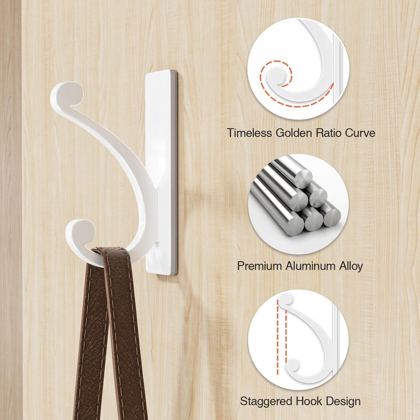 Adhesive Wall Hook for Towel/Coat - Extra Sticky 10LB Stainless, Stick on Hanger for Bath or Shower, Matt White 4-Pack