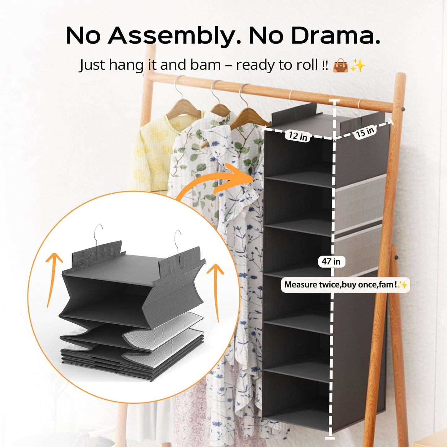 Extra Deep Hanging Closet Organizer with 6 Shelves and Oversized Mesh Pockets, Heavy-Duty Structure, No Deformation, Max Storage for Clothes, Shoes, Hats, Dorms and RVs, Grey,1-Pack