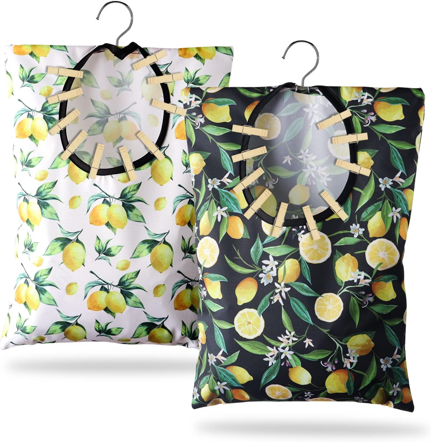 2 Pcs Lemon Clothespin Bag With Hanging Hook - 15 X 11 Inch Laundry Canvas Clothes Pin Holder, Waterproof Storage Organizer With Large Opening