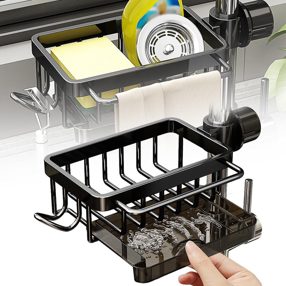 Sink organizer rack for kitchen and bathroom, Kitchen Sink Faucet Organizer with Drip Tray Faucet Sponge Holder (Black, Left)