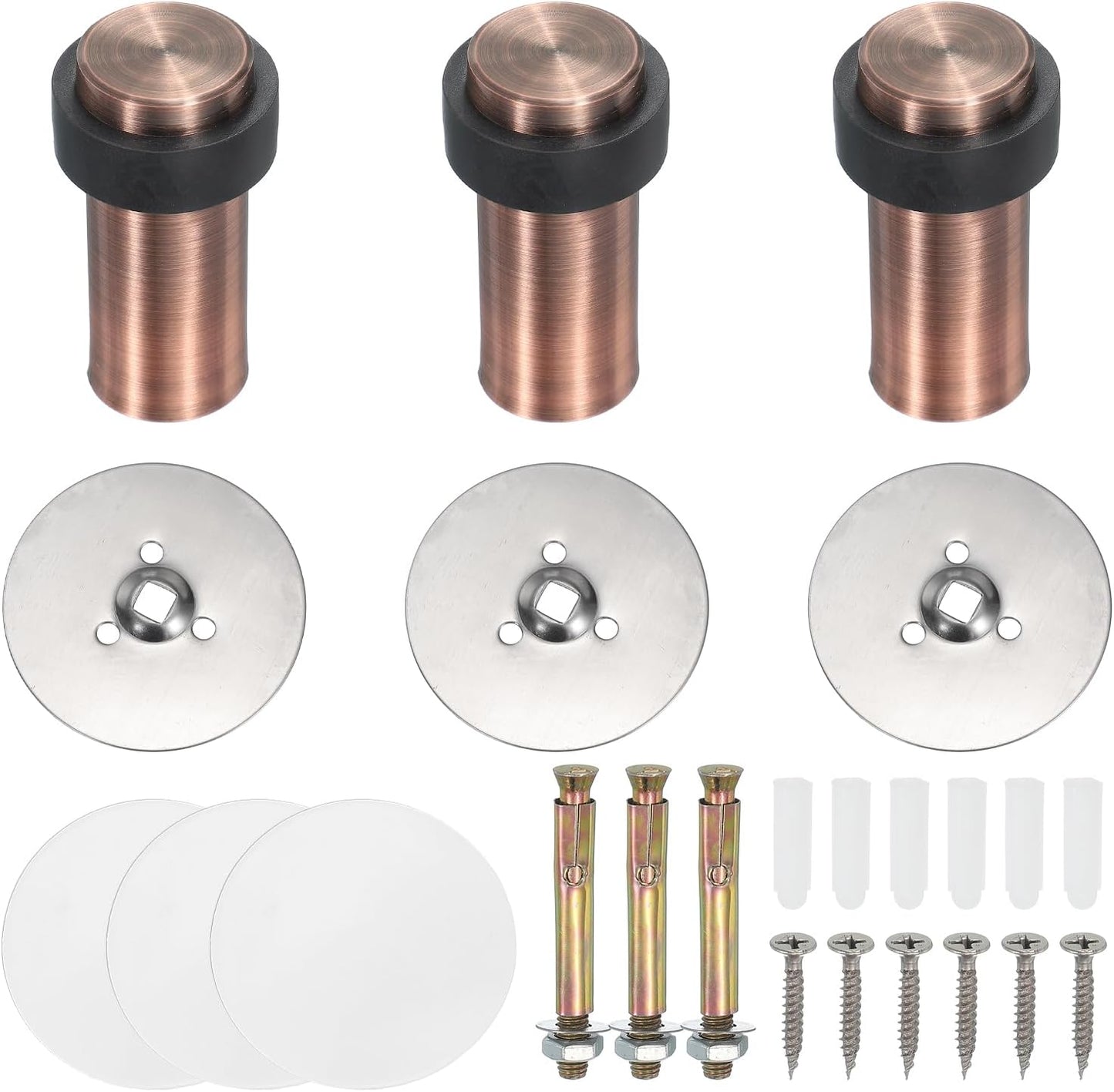 PATIKIL 3Set Round Door Stoppers, 80mm Stainless Steel Door Stop Doorstop Wedge Metal Cylinder Self Adhesive with Screw for Bottom of Door Floor Inside, Copper Tone