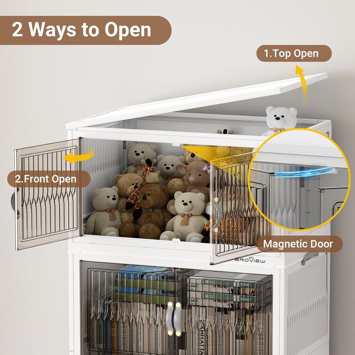 BROVIEW 360Qt Stackable Storage Bins with Lid, Extra Large Closet Organizer Collapsible Drawer Boxes with Wheels, Folding Plastic Cabinet Containers for Home Kitchen Room Organization, 3Pack White