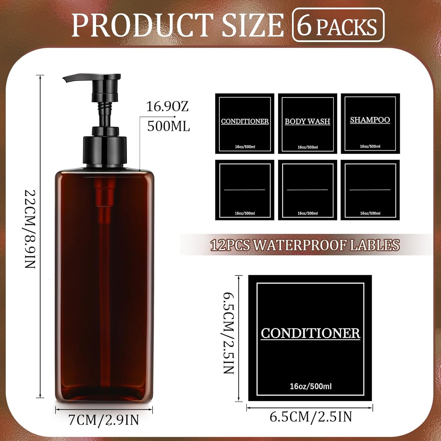 Tanlade 6 Pcs Shampoo and Conditioner Dispenser Bottles 16oz Modern Shower Soap Bottles with Pump, Labels and Marker Pen Easy to Refill Body Wash Dispensers for Home Bathroom Decoration(Brown)