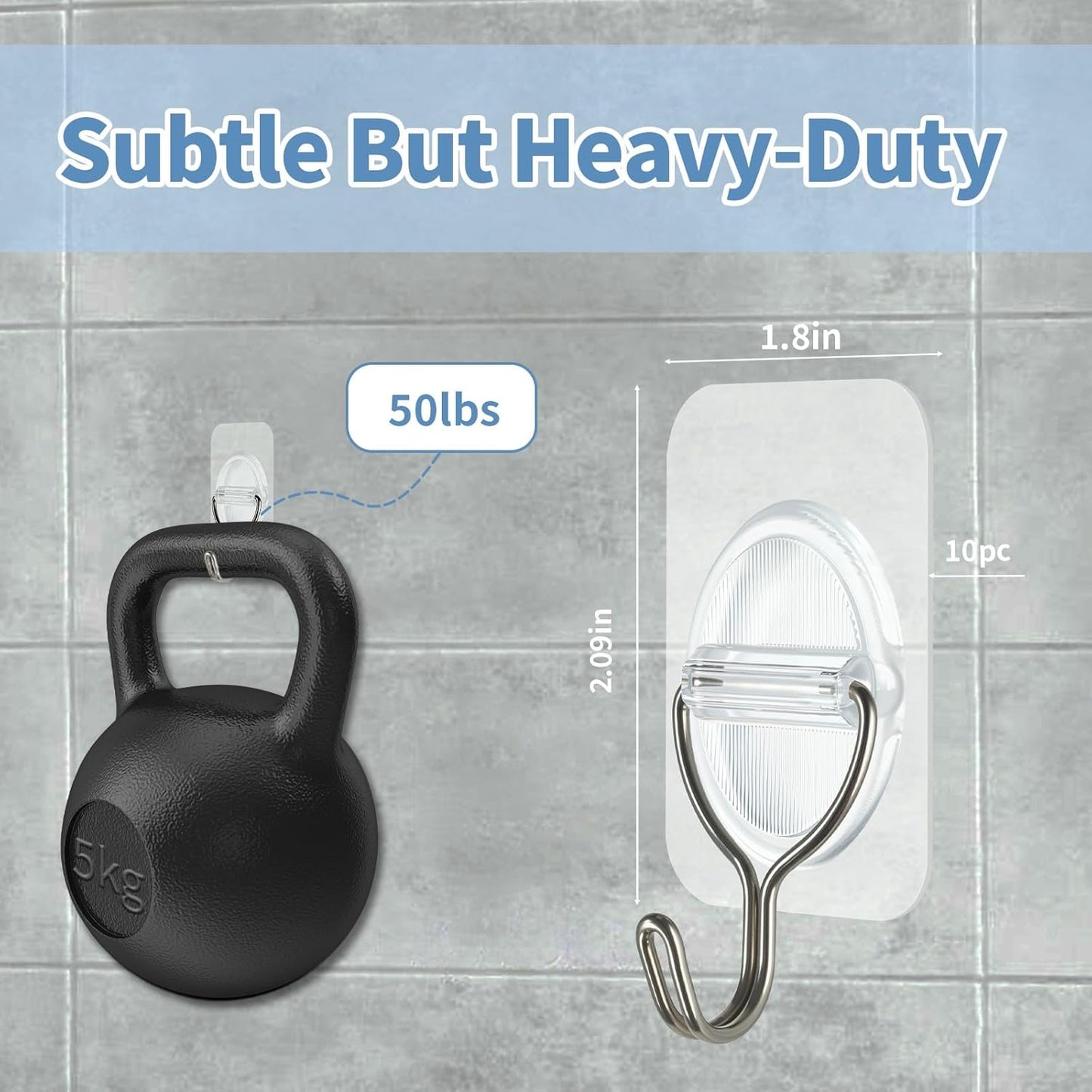 Adhesive Wall Hooks No Damage, Stick On Hooks for Hanging 10 Pack - Transparent Stainless Steel 5KG Heavy Duty, Waterproof Removable (3.5x5.3cm) Kitchen Bathroom Office, Ganchos para Pared