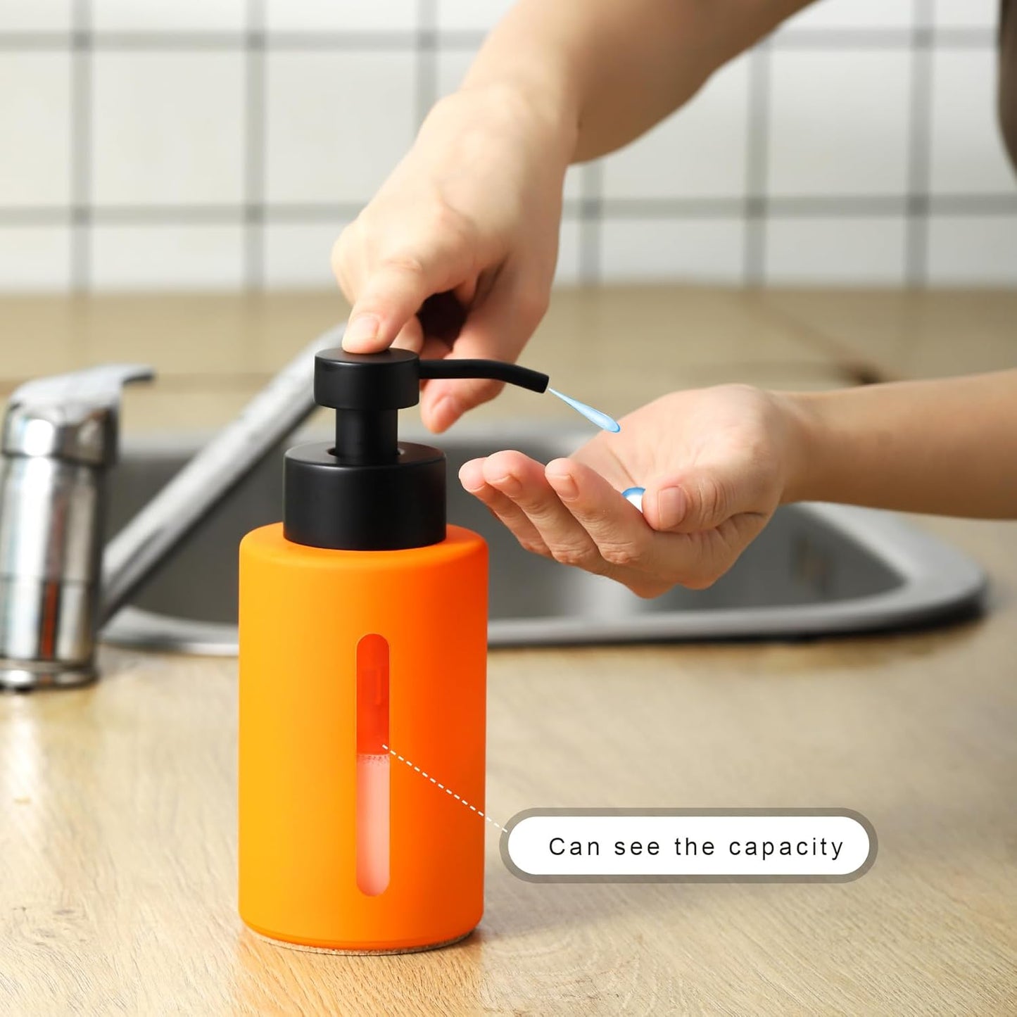 Enra Fall Glass Soap Dispenser with Window,12oz Orange Bathroom Soap Dispenser with Stainless Steel Lotion Pump,Hand Liquid Soap Dispenser Countertop for Bathroom Kitchen(Orange/Liquid Type)