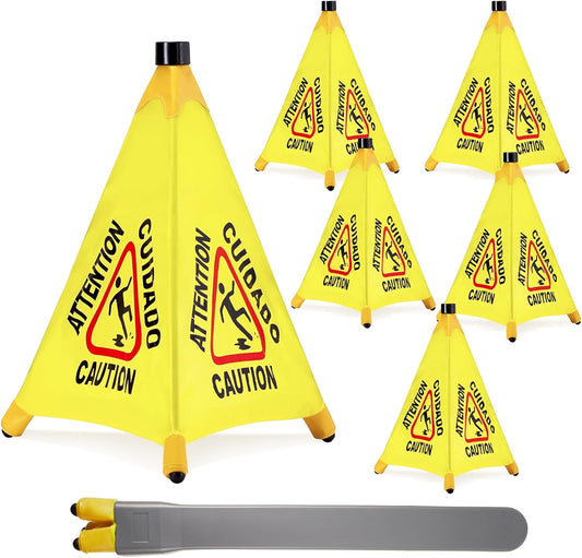 6 Pcs Pop up Wet Floor Sign with Storage Tube 20 Inch Wet Safety Signs Commercial Caution Safety Cone Pop up Caution Sign for Commercial Stores Grocery Restaurant Restroom Office Use