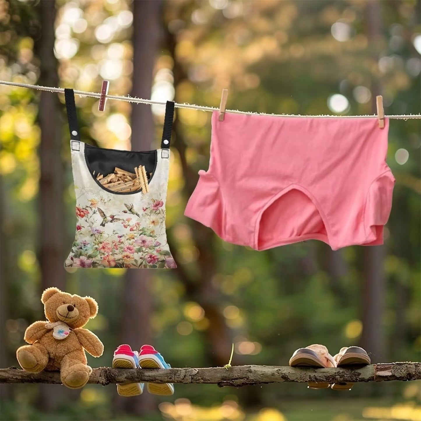 Hummingbird Pink Clothespin Bag, Large Clothes Pin Hanging Bag, Pin Bag with Large Opening for Clothes Lines Outside Yard Home Decoration