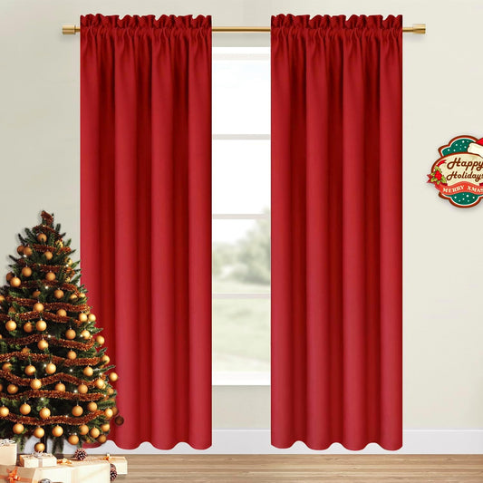 DWCN Christmas Blackout Curtains Room Darkening Thermal Insulated Bedroom Curtains Window Curtain Panels, 52 x 84 inches Long, Set of 2 Red Rod Pocket Drapes