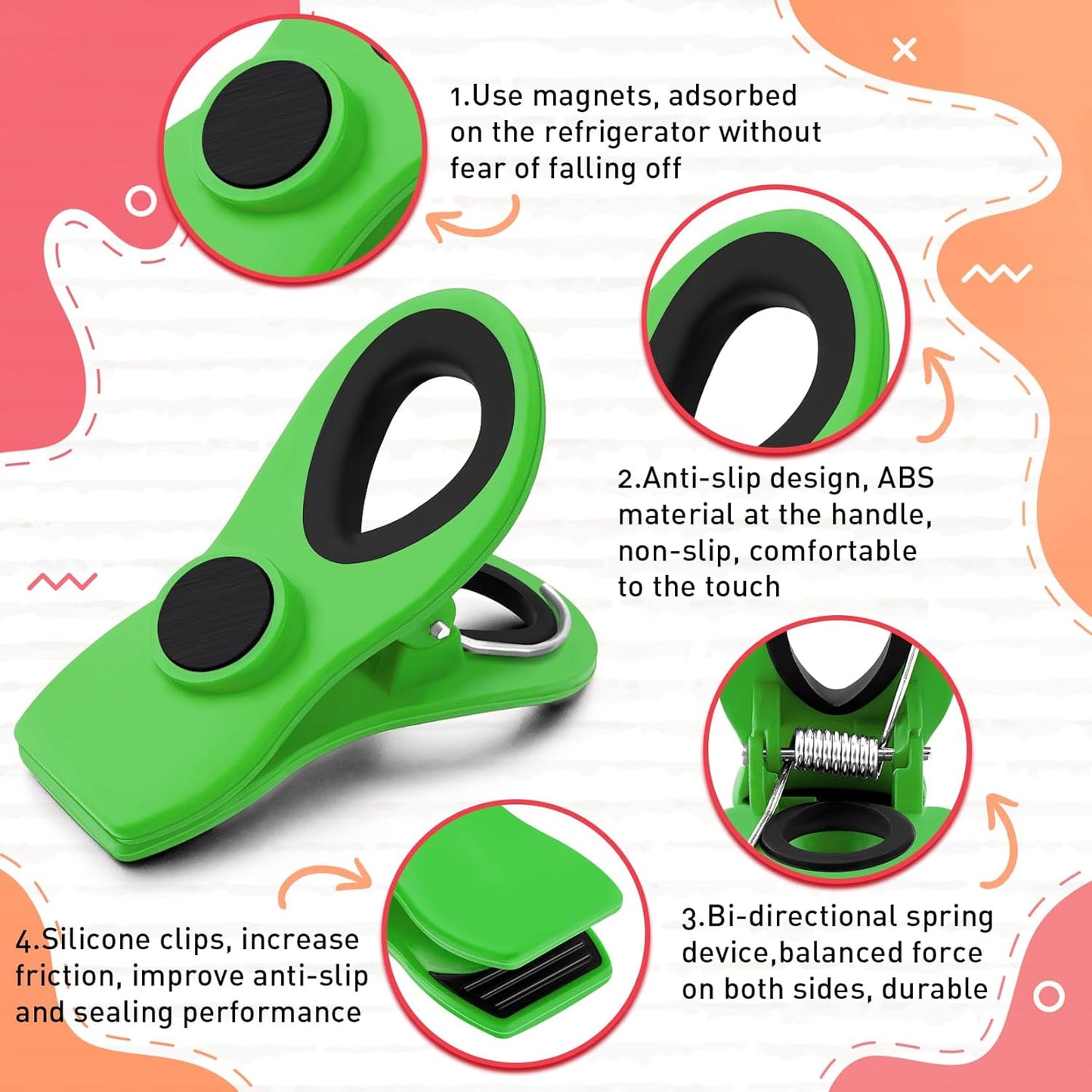 FINDMAG Big Chip Clip, Green Magnetic Wide Bag Clip Set, Cute Magnet Clips Refrigerator Sealing Clip, Plastic Food Clips Great for Kitchen, Home, Snacks, Bread, 12 Pack