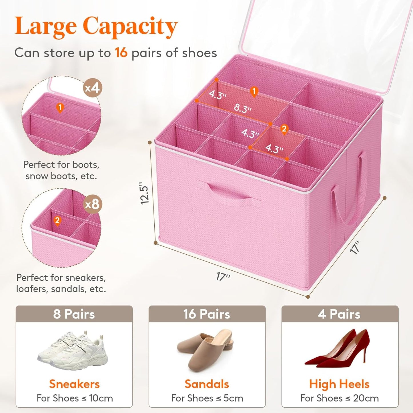 Lifewit Shoe Storage Organizer for Closet Fits 12-16 Pairs, Fabric Large Shoe Box Storage Containers with Clear Cover, Foldable Bins Fit for Boots Heels Sneakers 17"(L) x 17"(W) x 12.5"(H) 2 Pack Pink