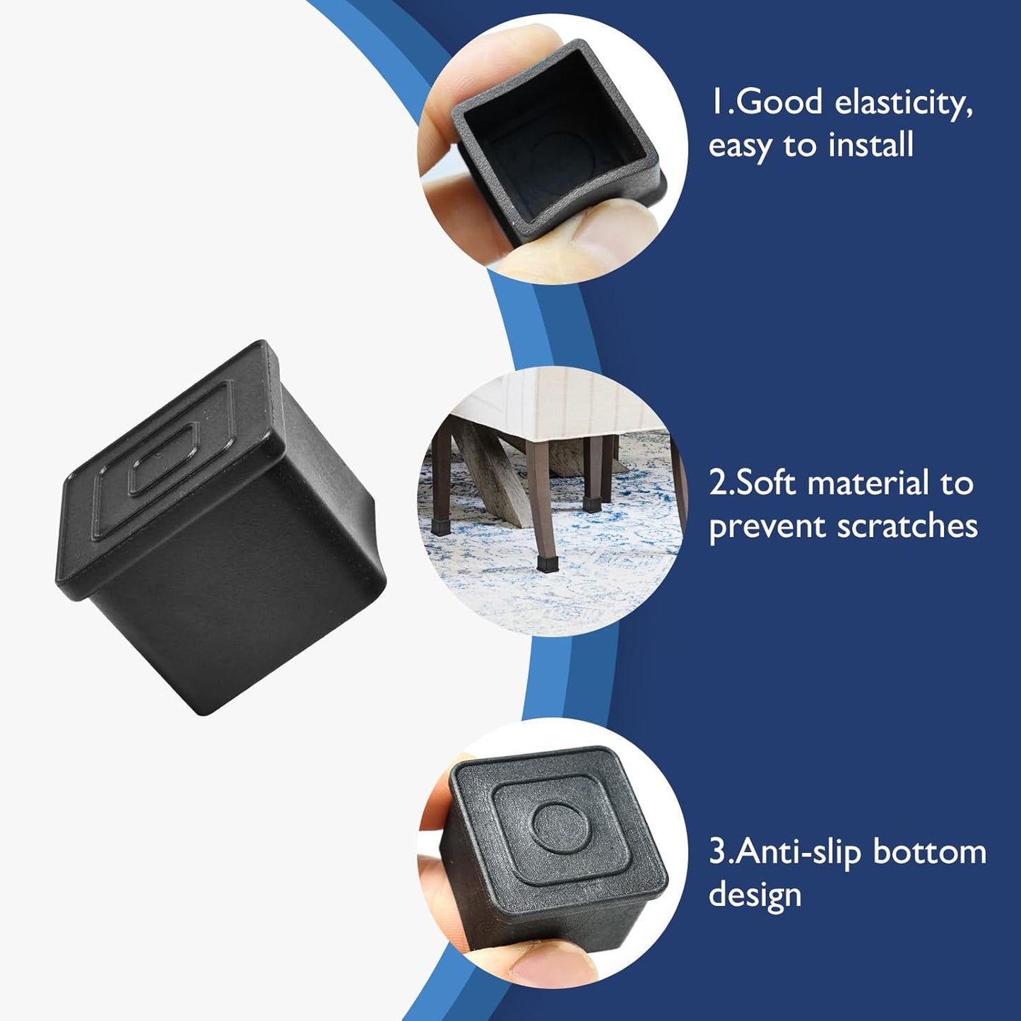 16 Pcs 2" x 2" Square Rubber Chair Leg Caps, PVC Table Leg Covers, Flexible & Anti-Slip Furniture Leg End Caps, Chair Leg Floor Protectors for Bar Stool Leg Patio Indoor, Black