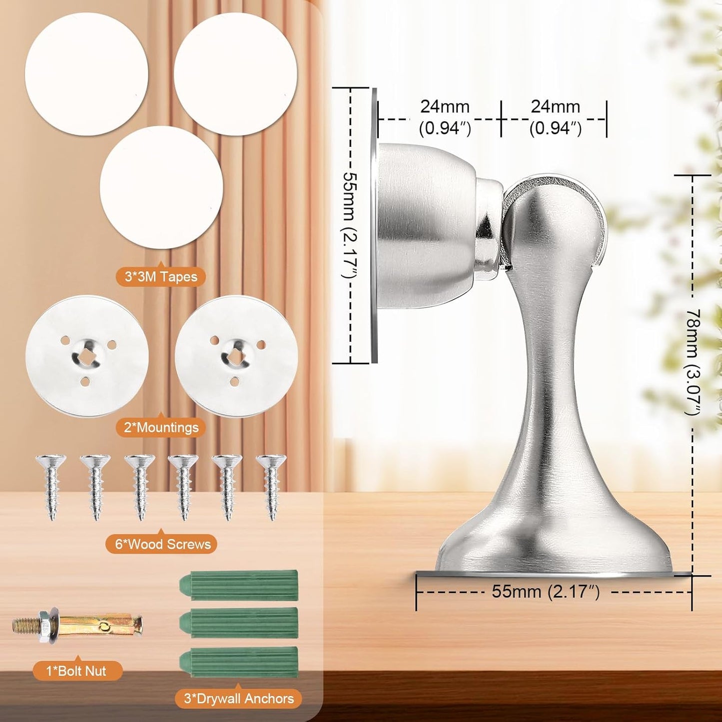 Probrico Brushed Nickel Magnetic Door Stoppers for Bottom of Door, Stainless Steel Magnet Door Catch Door Stops to Keep Door Open, Heavy Duty Door Holder, Wall and Floor Mounting, 2 Pack