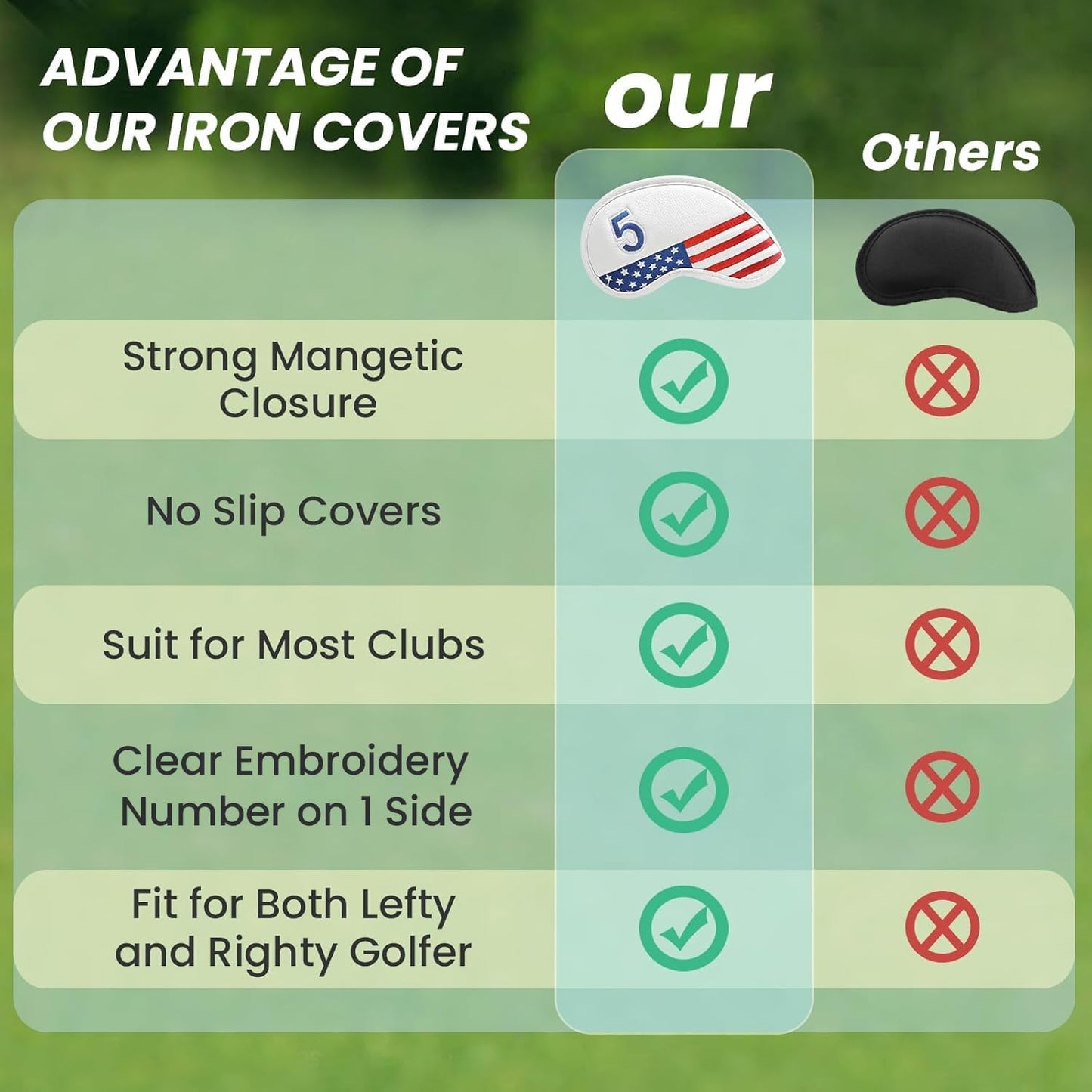 FINGER TEN Golf Club Covers for Irons Magnetic Value 11 Pack, Synthetic Leather Deluxe Head Cover Set Headcovers for Irons Fit Main Iron Clubs