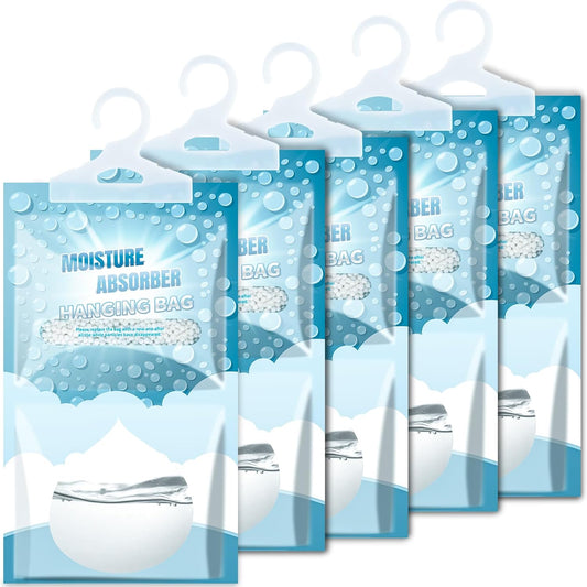 5 Pack Hanging Moisture Absorbers - Fagrance Free Dehumidifier Bags, 8.11 OZ, Removes Moisture & Odors, Humidity Absorber Packs for Closet Bedroom Kitchen