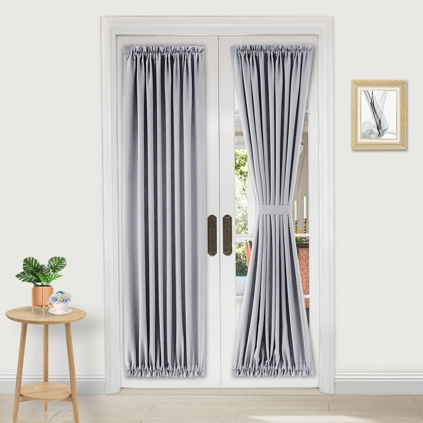 DWCN French Door Curtains – Rod Pocket Thermal Blackout Curtain for Doors with Glass Window, Kitchen and Patio Doors for Privacy, 25 X 80 Inches Long, 1 Curtain Panel with Tieback, Silver Grey