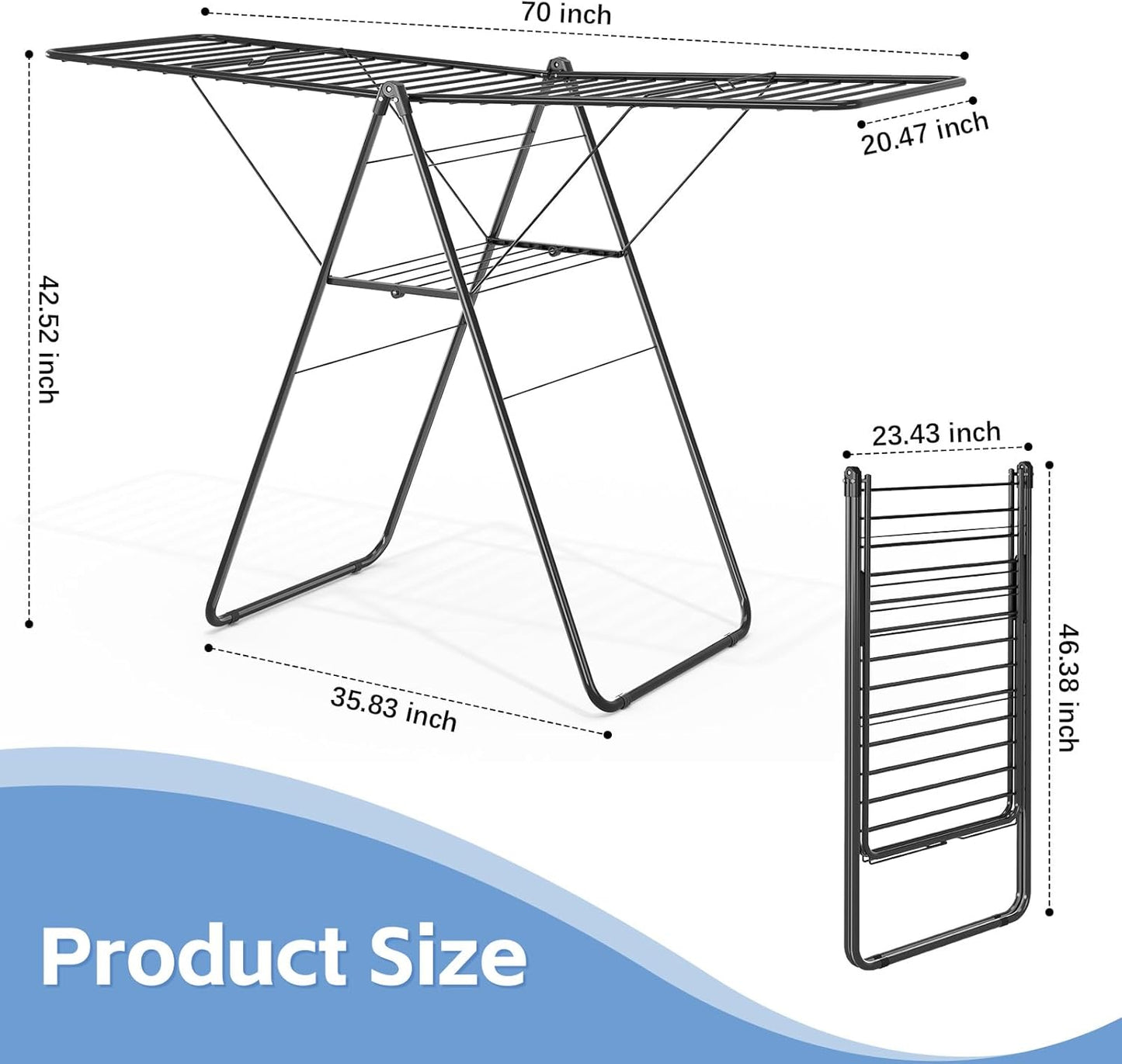 KINGBOARD Clothes Drying Rack Foldable, Drying Rack Clothing with Height-Adjustable, Metal Laundry Rack, Indoor Outdoor Use, No Assembly, 20.47"x 70"x 42.52", Black