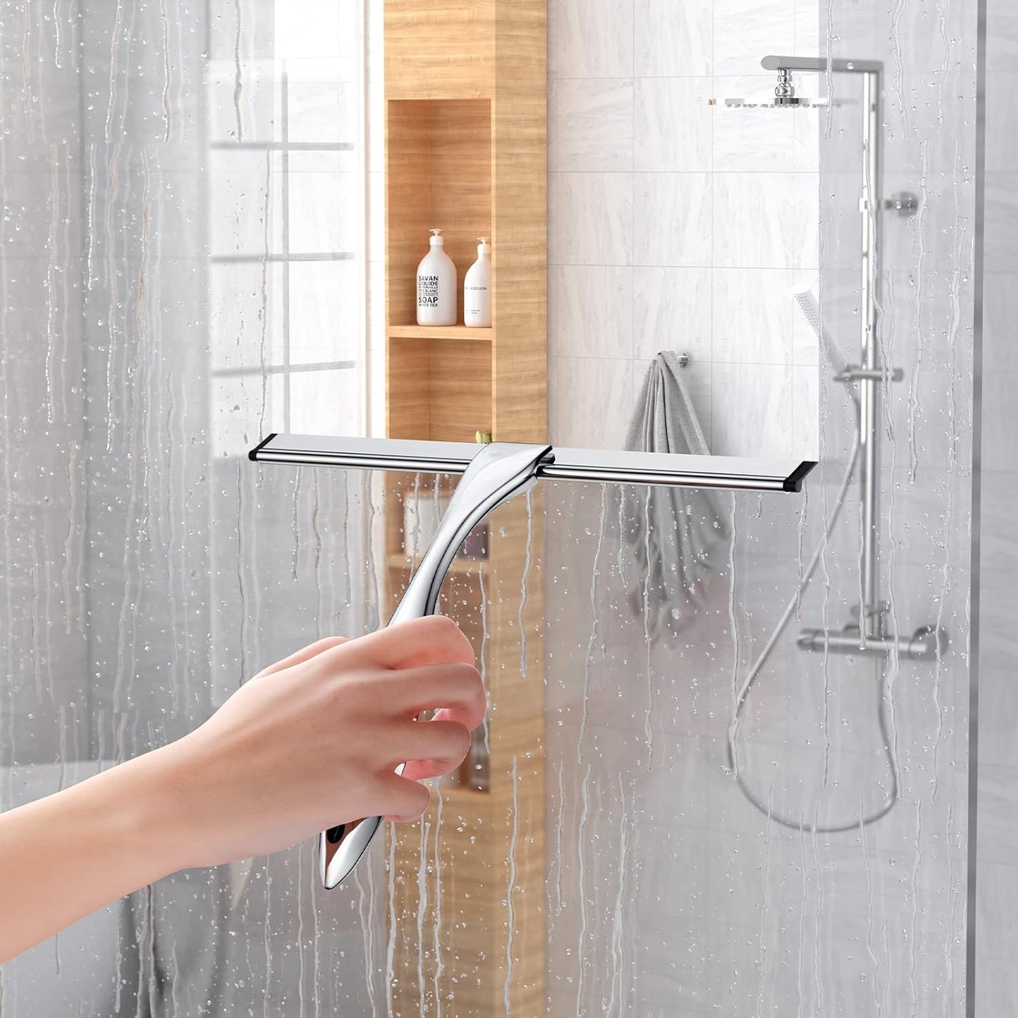 Shower Squeegee and Window Squeegee, Stainless Steel, 100% Streak-Free, Cleaner for Bathroom Showers Glass Doors, Home Mirrors, Car Windows Wiper, Adhesive Holder, Shower Door Hook, 10 Inch, Silver