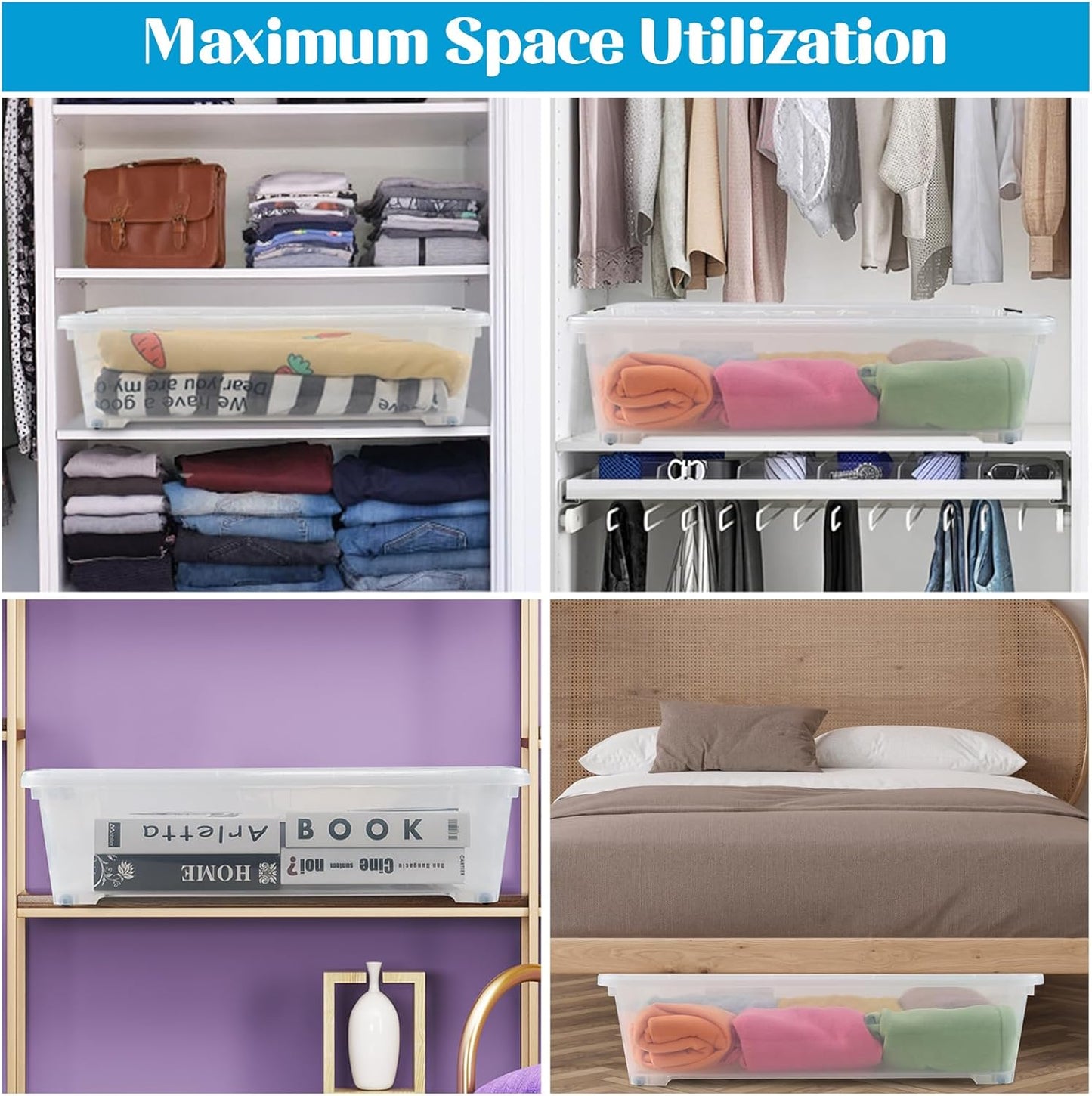 Kiddream 3-Pack 50 Quart Plastic Underbed Storage Bins with Lids/Wheels, Large Clear Storage Box