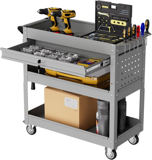 3-Tier Rolling Tool Cart with Drawers, Heavy Duty Utility Storage Cart with pegboard, Lockable Metal Tool Chest on Wheels for Garage, Warehouse & Repair Shop