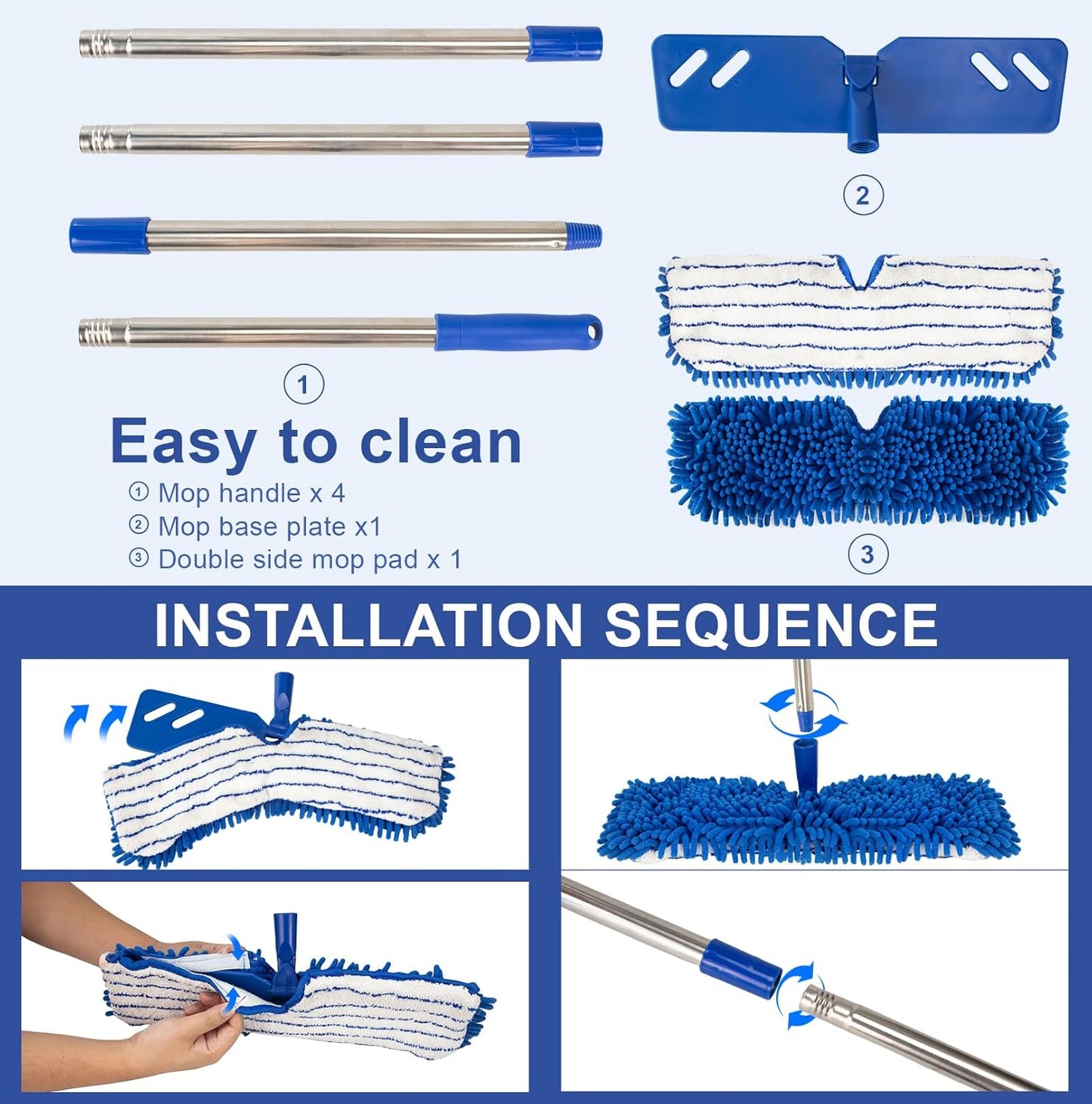 Microfiber Dust Mop for Floor Cleaning - Dual-Sided Washable Pads, Adjustable Stainless Steel Handle (30.7"-56.7") - Wet/Dry Use for Hardwood, Laminate, Tile, Marble Floors with Spin Mop Heads