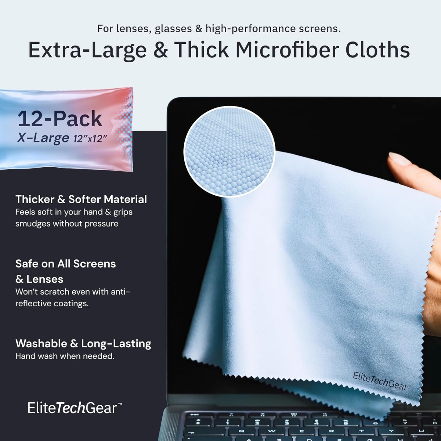 Elite Screens Microfiber Cleaning Cloth - Pack of 12, 12" x 12", Blue - Streak-Free Vision & Glasses Wipes - Quick-Dry Reusable & Eyeglass Wipes - Portable & Screen Cleaning Cloth