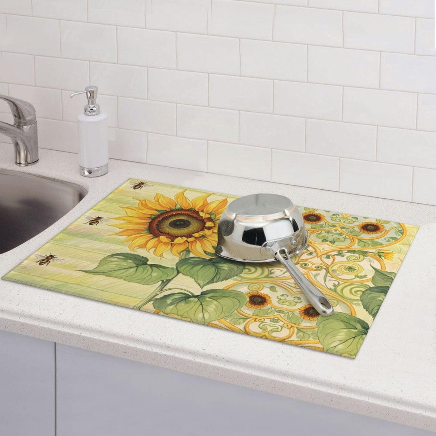 Sunflower Bee Dish Drying Mat Highly Absorbent Double-Sided Microfiber with Hanging Loop Reversible Drain Dish Rack Mat Drain Mat Suitable for Kitchen Countertop Coffee Bar 18 x 24 Inch