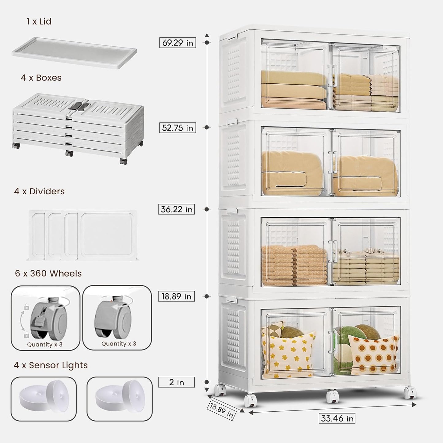 752QT/188Gal 4 Stackable Storage Bins with Lid and 8 doors, Motion Sensor Lights in Cabinets, Large Collapsible Container Box with 6 Wheels, Plastic Foldable Organizer for Home - Pure White