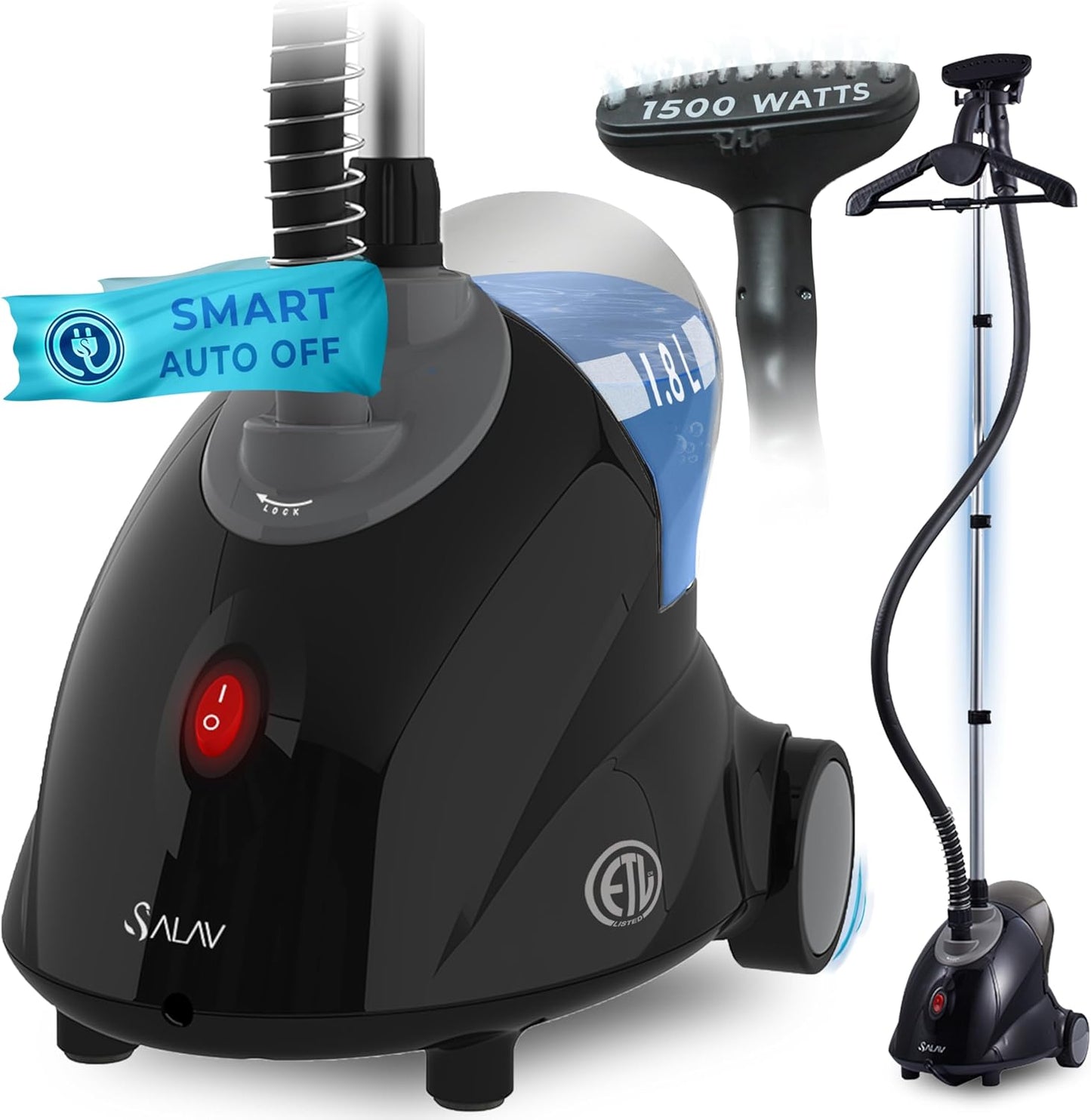 SALAV GS18-DJ Standing Garment Steamer with Smart Auto-Off, Wheels for Easy Movement, 1.8L Water Tank for 1hr Continuous Steaming, Adjustable Pole for Storage, with Descaler Packet, 1500 watts