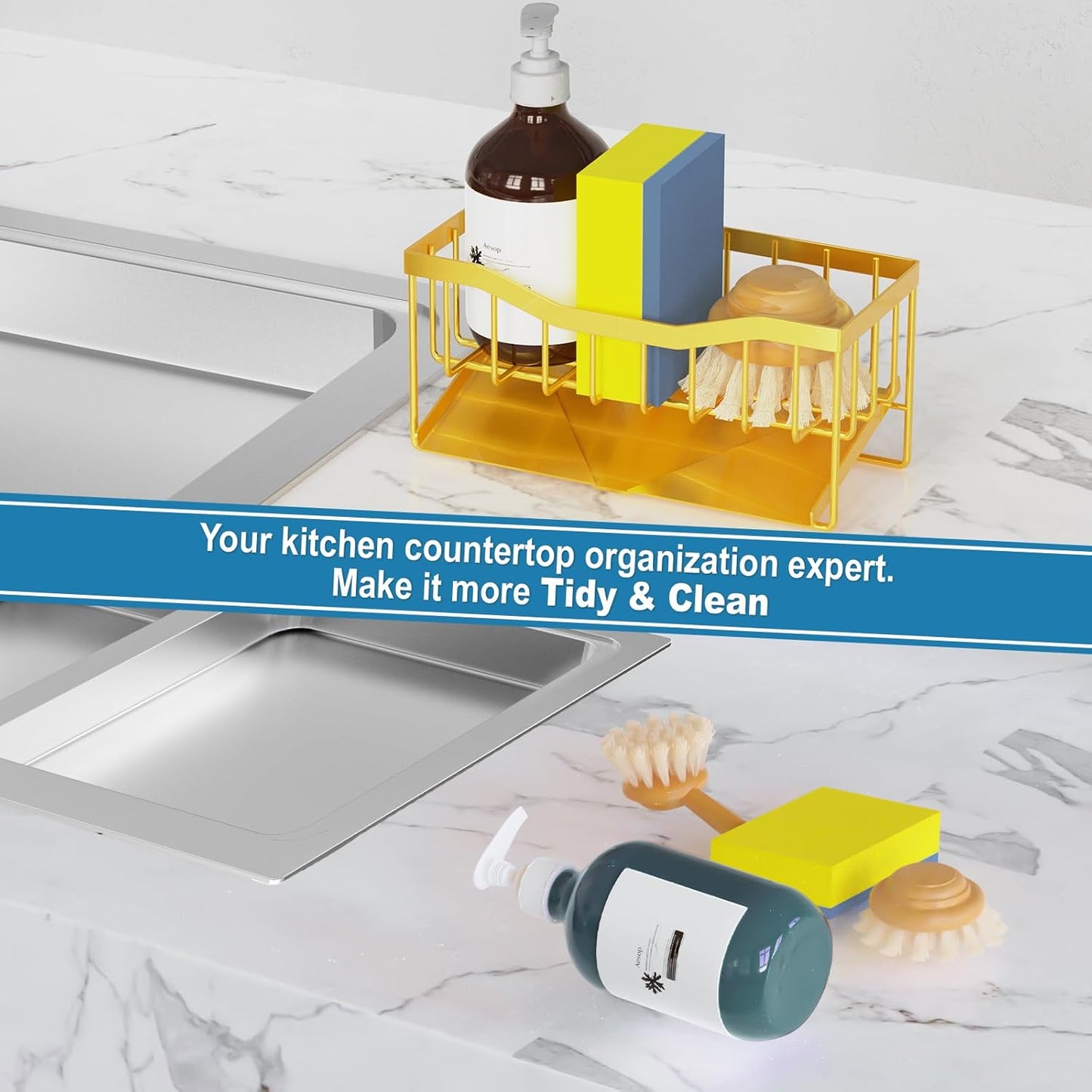 Vanwood Sink Organizer with Auto Draining Tray, Cocina Sponge Caddy and Dish Soap Holder