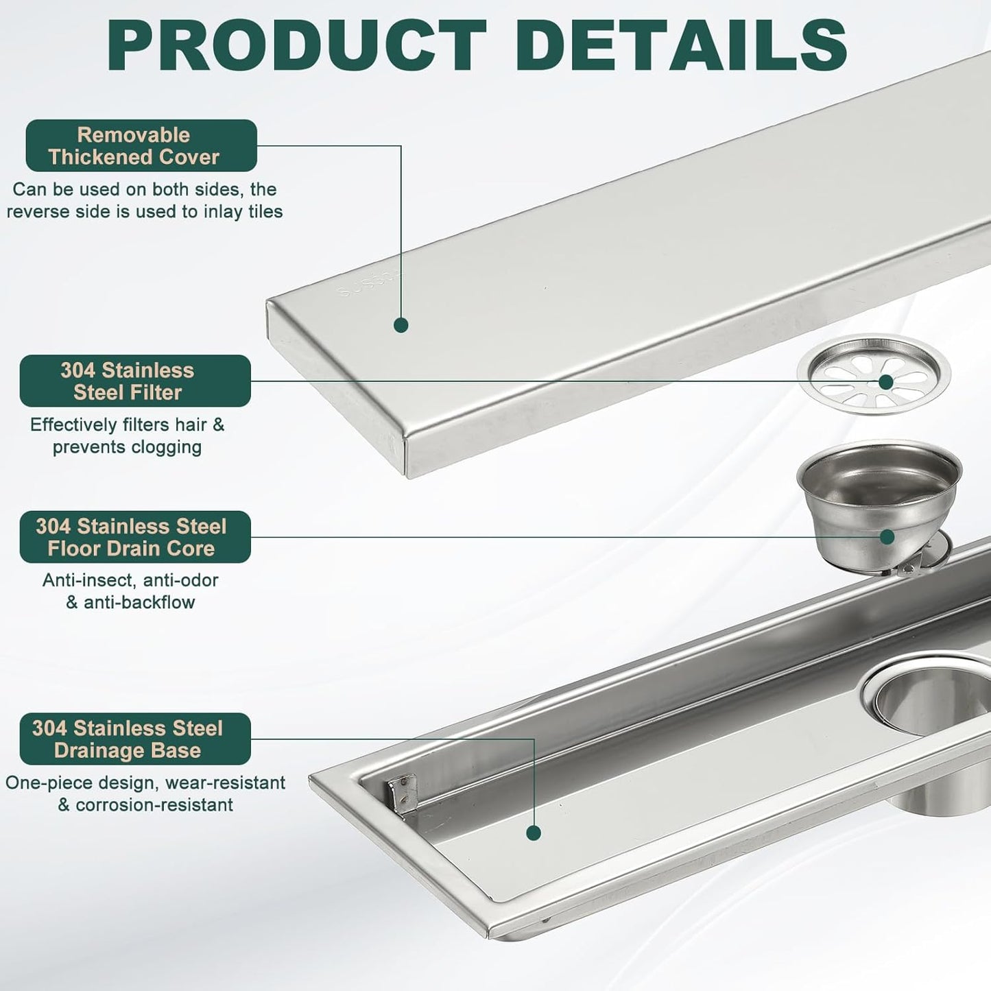 uxcell Rectangular Shower Drain, Brushed 304 Stainless Steel Odor-Proof Floor Drain Linear Shower Drain Hair Catcher for Bathroom Kitchen and Laundry Room(16 Inch, Brushed Silver)