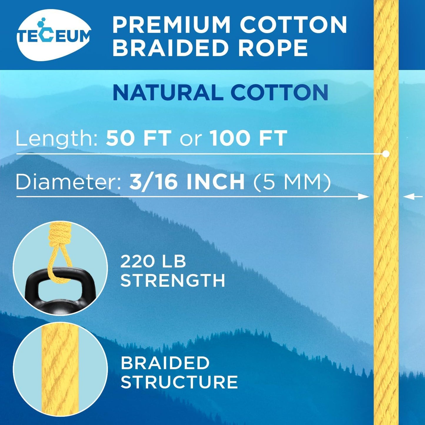 TECEUM Cotton Rope 3/16” (5 mm) – 50 FT – Strong All-Purpose Braided Rope – Natural Cotton – for Crafting, Сamping, Clothes Line, DIY, Indoor & Outdoor Use – Yellow