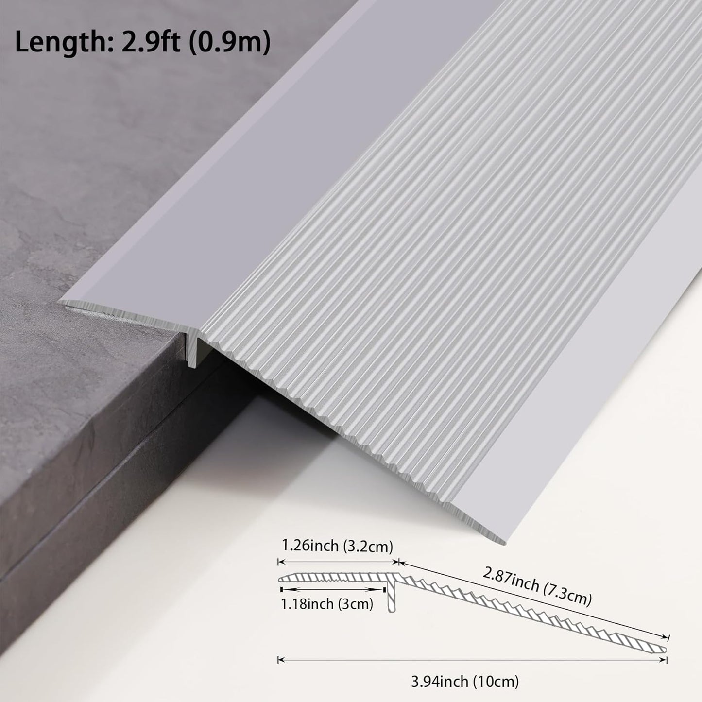 Gaahing Aluminum Floor Transition Threshold Strip, Bridge The Height Gap Between 0.3 to 1.6 inches for Doorway Ramp (35.4in x 3.9in, Matte Silver)