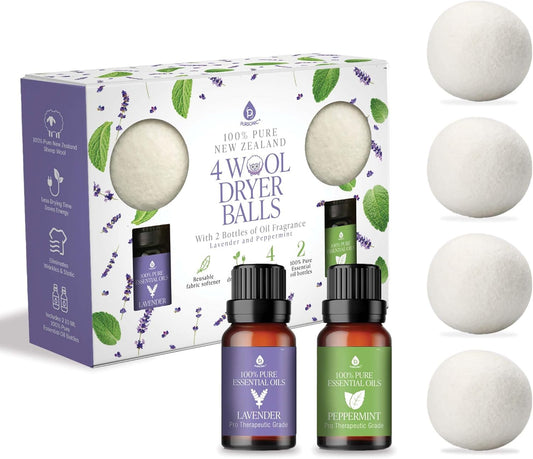 Pursonic 4-Pack Laundry Wool Dryer Balls with Lavender & Peppermint Essential Oil Scent - Reusable Fabric Softener Balls Made from Pure New Zealand Wool - 2.75" Diameter