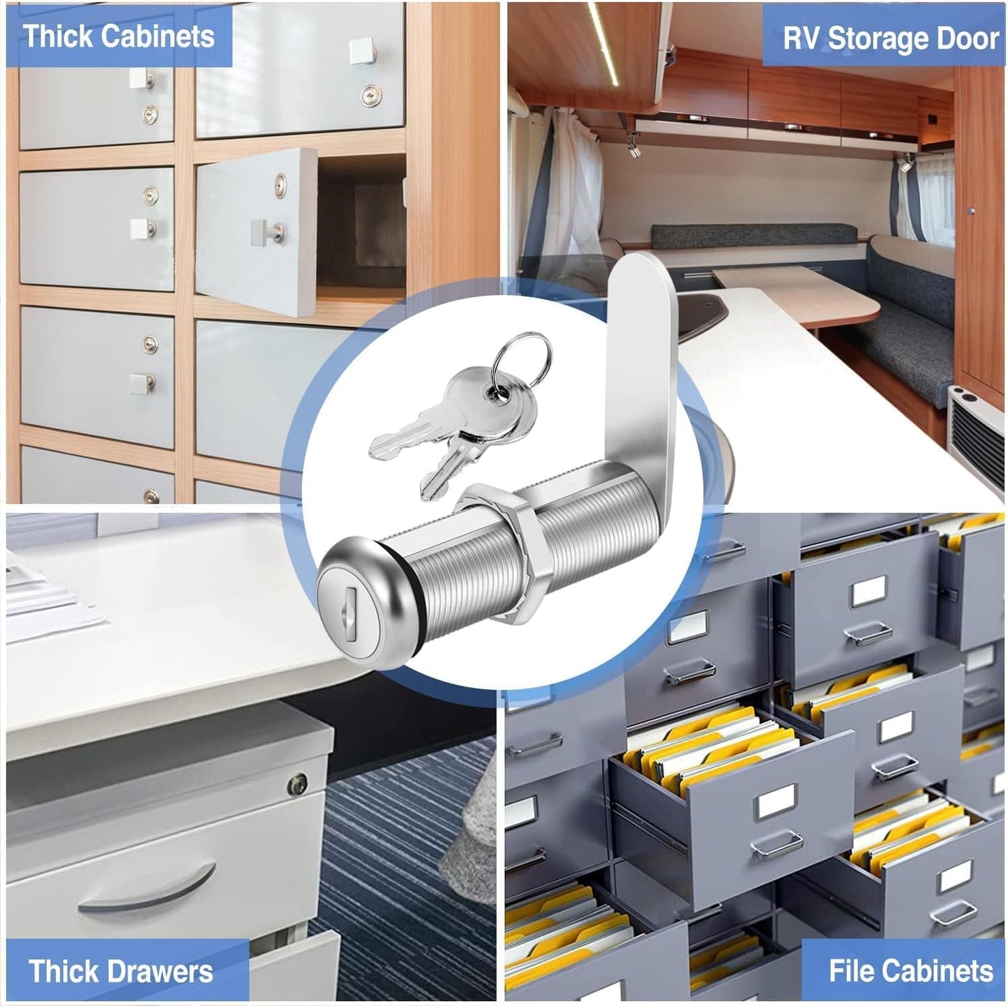 Cabinet Lock with Keys, 2" Extra-Long Cam Locks keyed Alike, Heavy Duty Cabinet Cam Lock Set for Thick Drawers RV Storage Locks Tool Box Lock Replacement, Zinc Alloy (5 Pack, 2-1/8 Inch)