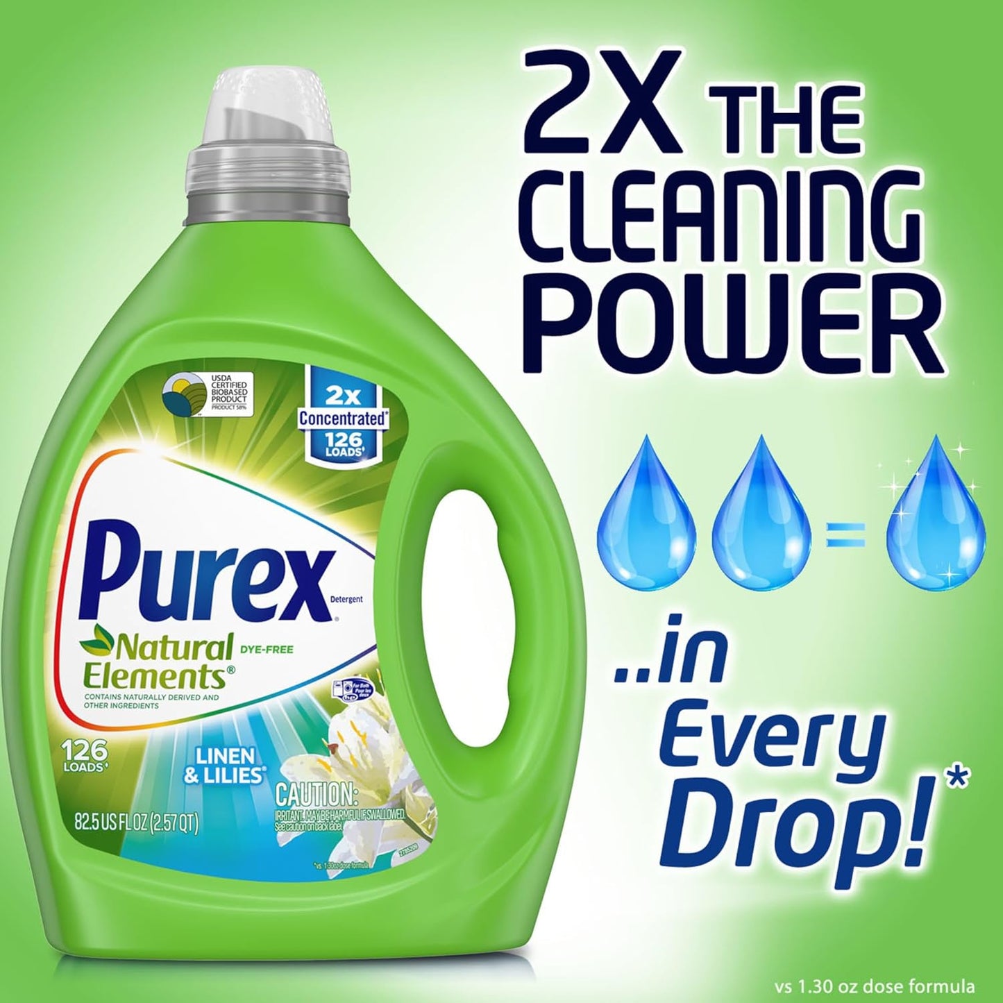 Purex Liquid Laundry Detergent, Natural Elements Linen & Lilies, 2X Concentrated, 126 Loads, 82.5 Fl Oz