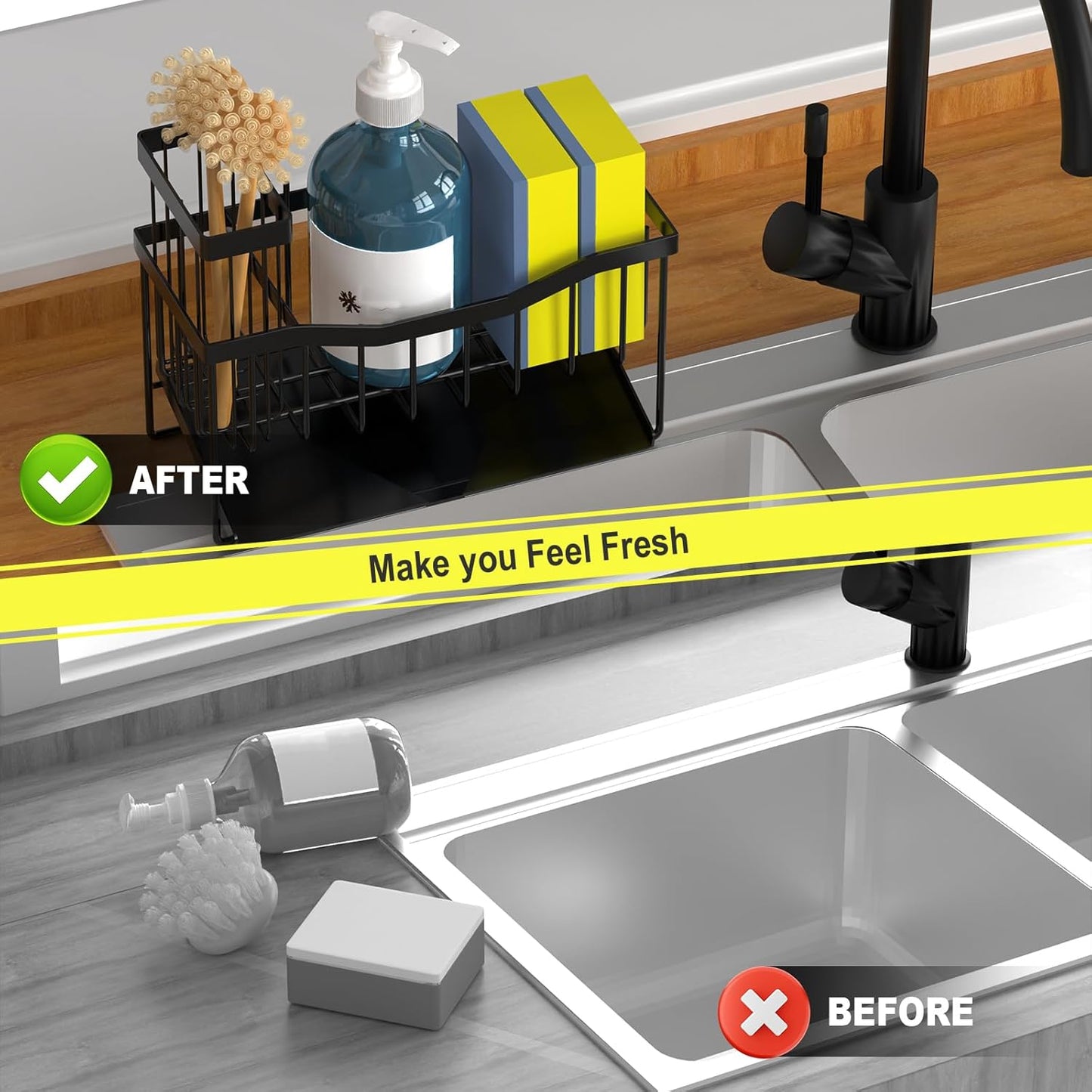 Maifan Sink Caddy Sponge Holder for Kitchen with Brush Holder and Stainless Steel Self Drain Tray, Rustproof Kitchen Sink Organizer for Sponge, Soap Dispenser Storage Accessories