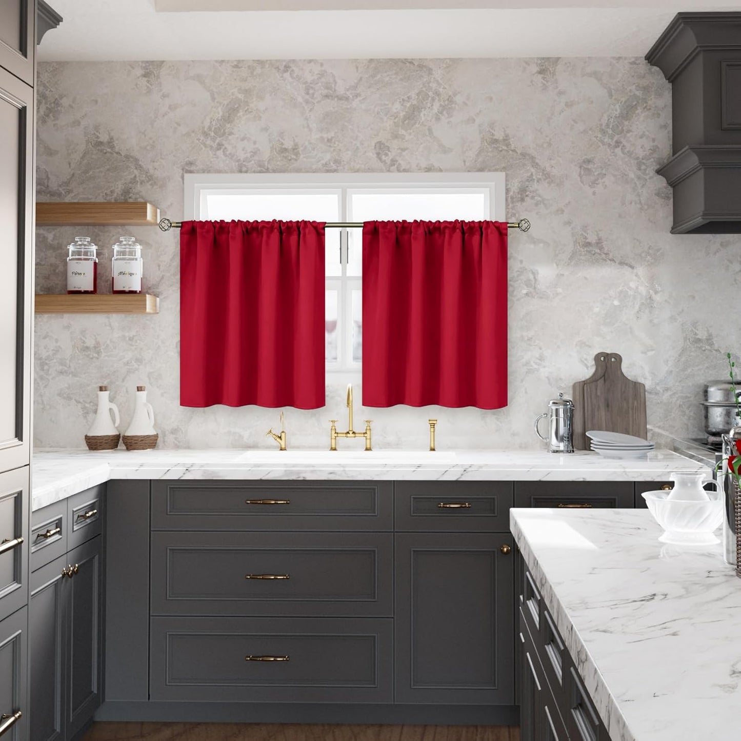 BGment Red Short Blackout Curtains 36 Inches Length for Kitchen Window - Rod Pocket Thermal Insulated Room Darkening Drapes Privacy for Bedroom Cafe Bathroom, 2 Panels, 42 x 36 Inch