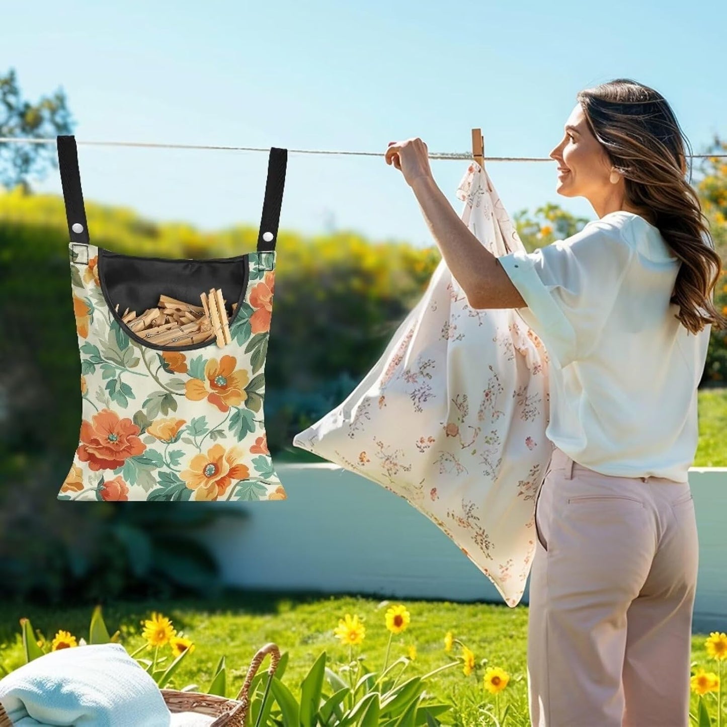 Art Flower Clothespin Bag Clothes Pin Hanging Bag Clothespin Bag with Hanging Hook 12 x 14.6 Inch Laundry Clothes Pin Holder Waterproof Clothes Pin Hanging Bag Clothespin Storage