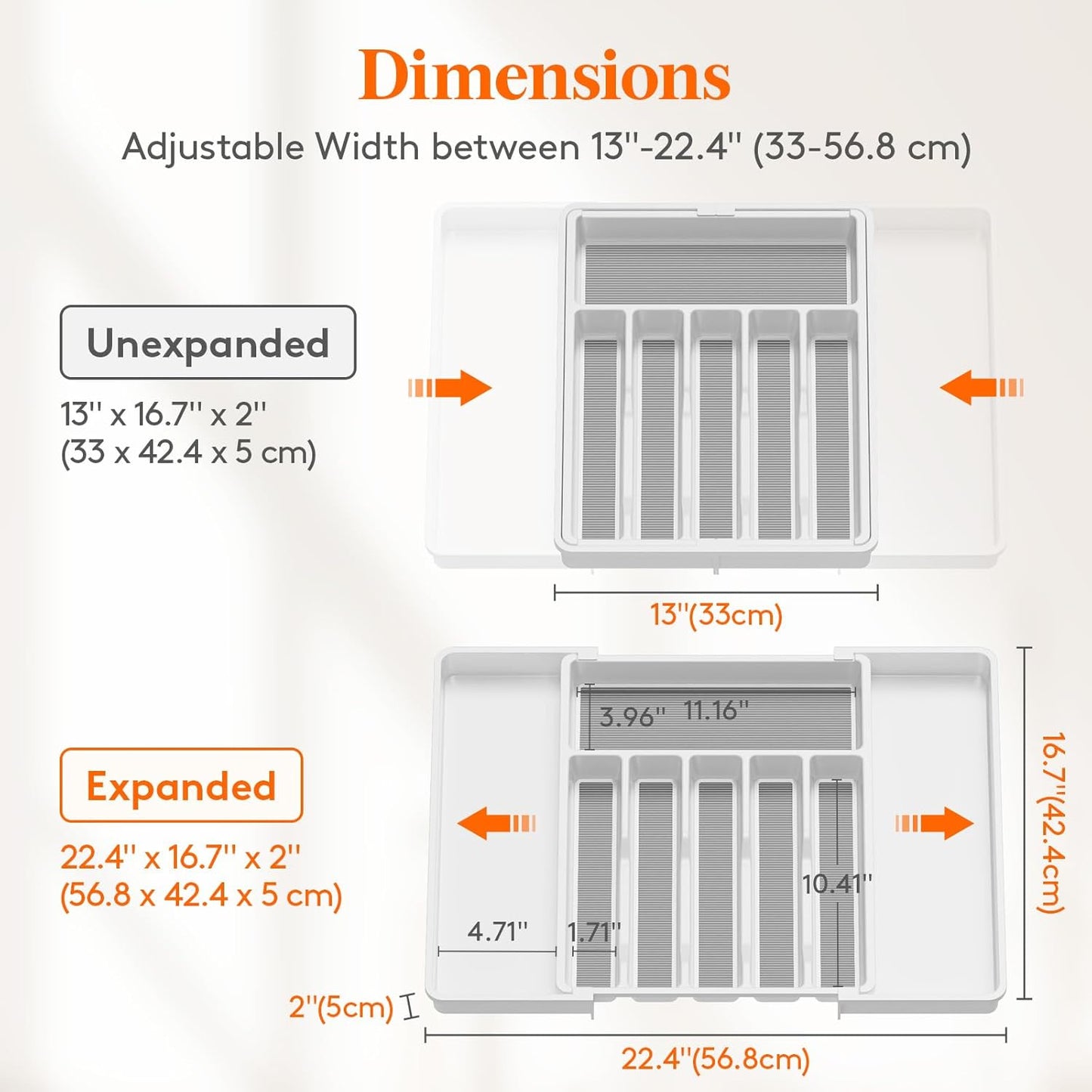 Lifewit Silverware Drawer Organizer, Expandable Utensil Tray with Non-Slip TPR, Deep Flatware Cutlery Holder, Adjustable Plastic Kitchen Storage for Spoons Forks Knives, Large, White and Gray