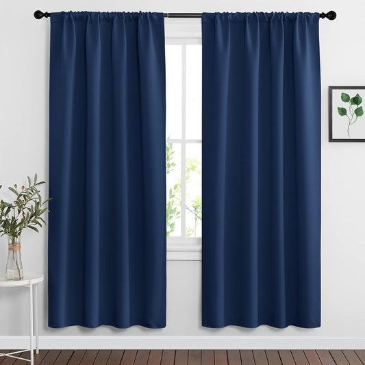 RYB HOME Blackout Curtains Pair - Countryside Portable Drapes with Rod Pocket Hanging Light Block Privacy Wall Panels for Foyer Entryway Bathroom Bedroom, W 42 x L 72 in, Navy Blue, 2 Pcs