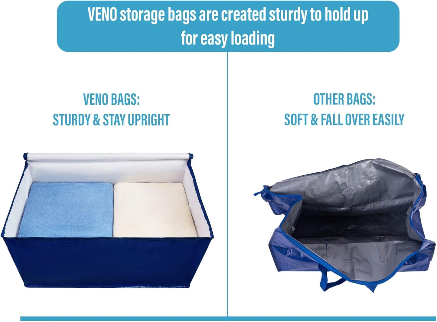VENO 10 Pack Moving and Storage Bags, Heavy Duty, Alternative to Moving Boxes, Large Packing Totes Supplies for College Dorm Room with Zipper for Clothes, Wide Open Design (Blue, 10 Pack)