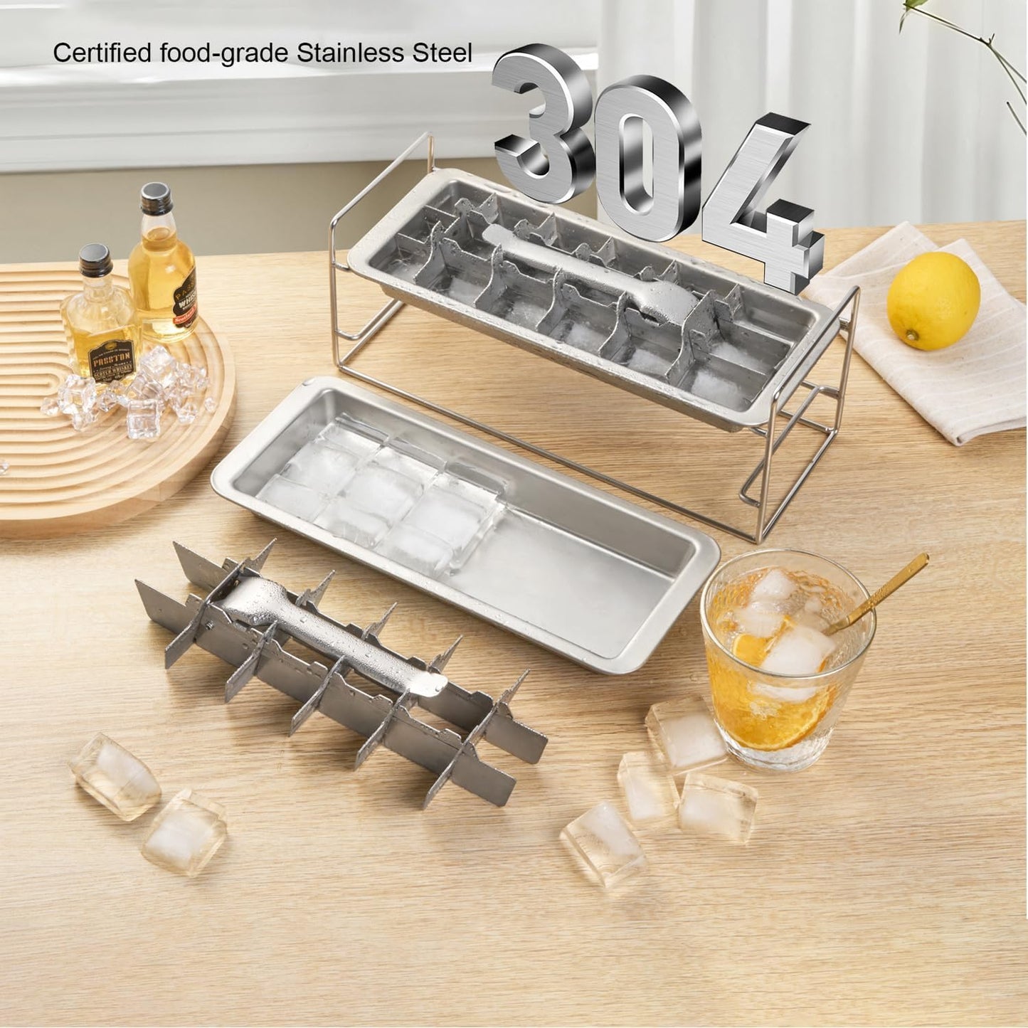 Stainless Steel Ice Cube Tray 2 Pack, 36 Large Cube Slots. Plastic Free Eco Friendly Freezer Mold W/Easy Release Lever. Stackable Retro Inspired Old Fashioned Vintage Ice-Making