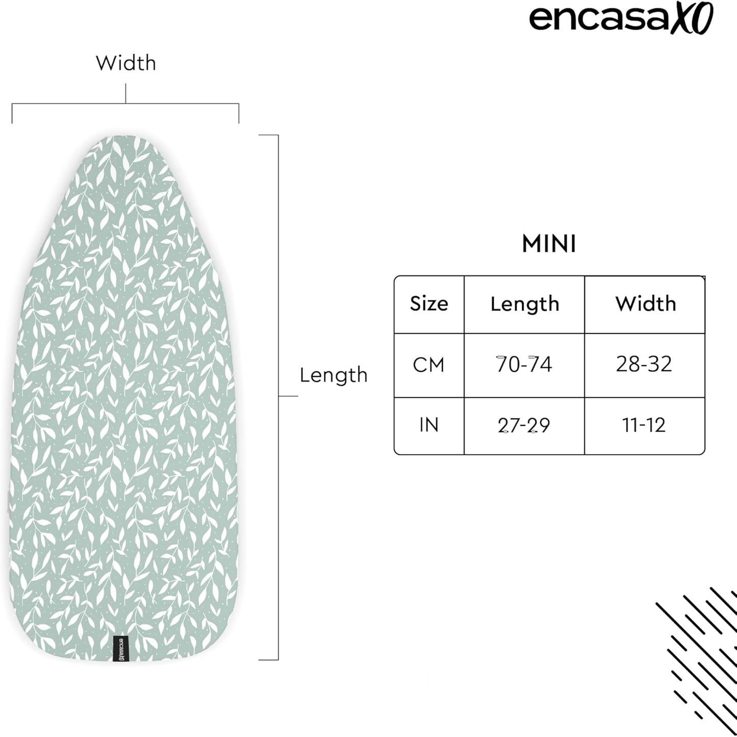 Encasa XO Ironing Board Cover and Pad 28"x12" - Thick 3mm Felt Padding, Drawstring Tightening & Lock, Easy Fit, Scorch & Stain Resistant, Fits Mini Ironing Board - Green Leaflet