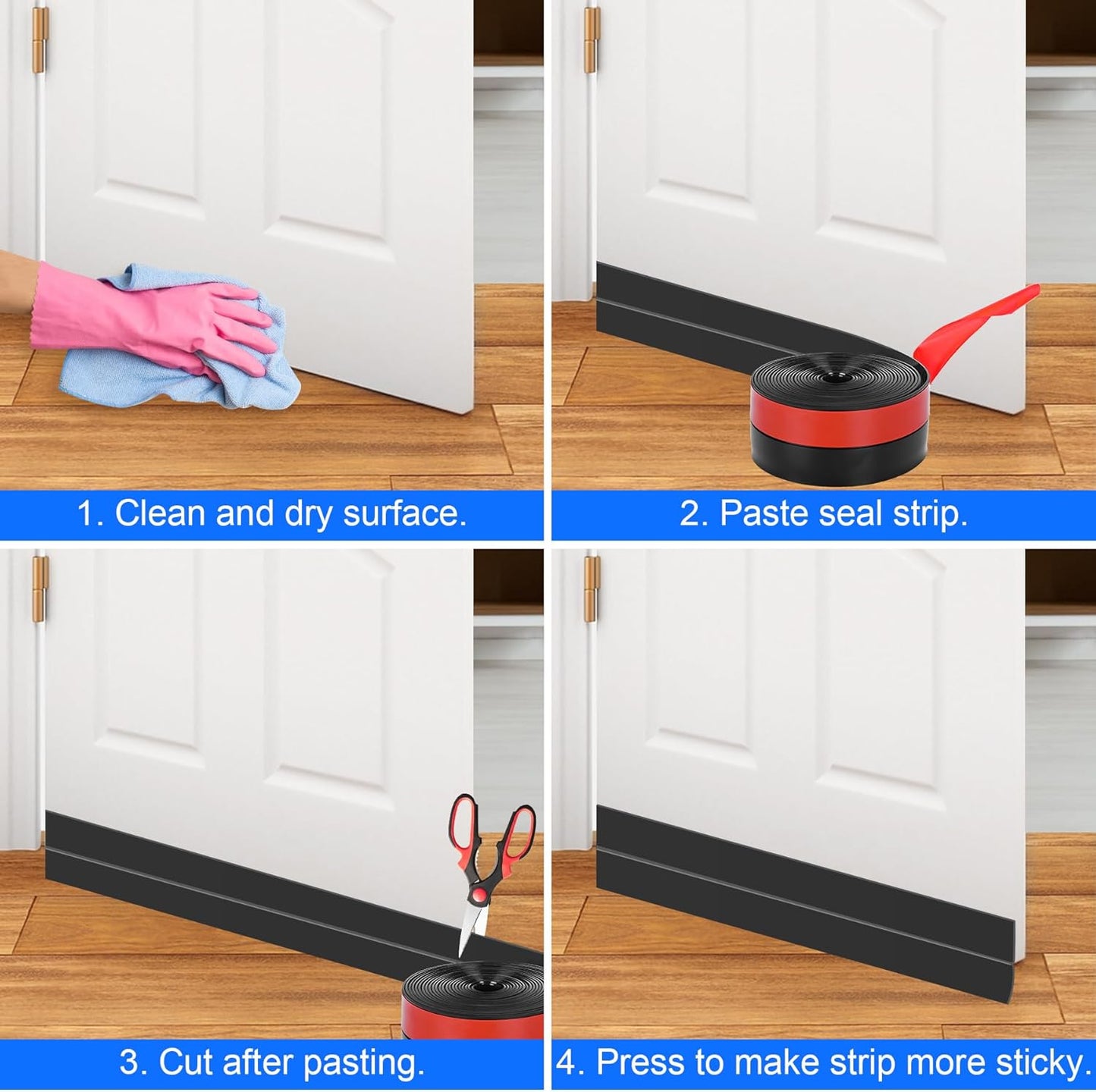 ToLanbbt Weather Stripping Silicone Door Seal Strip 2 in x 10 ft Door Draft Stopper Self Adhesive Door Draft Tape, Side & Bottom Gaps Insulation Strip for Glass Shower Door Sliding Door Window, Black