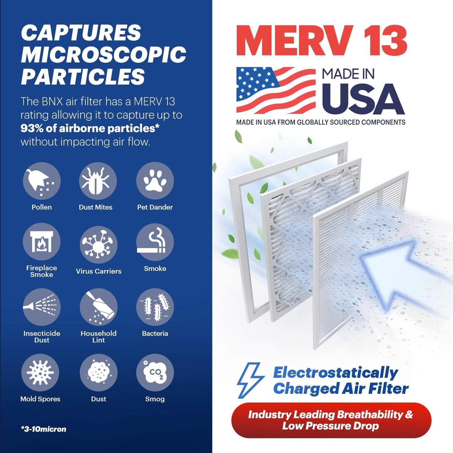 BNX TruFilter 14x14x1 Air Filter MERV 13 (6-Pack) - MADE IN USA - Electrostatic Pleated Air Conditioner HVAC AC Furnace Filters for Allergies, Pollen, Mold, Bacteria, Smoke, Allergen, MPR 1900 FPR 10